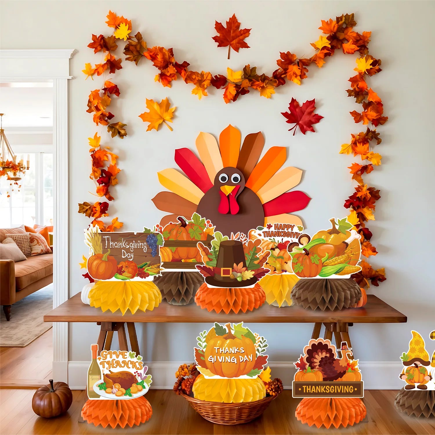 Thanksgiving Honeycomb Centerpieces, 9 Pcs Thanksgiving Party Honeycomb Centerpieces, Friendsgiving Honeycomb Centerpieces and Autumn Honeycomb Centerpieces, for Thanksgiving Party Decorations Supplies