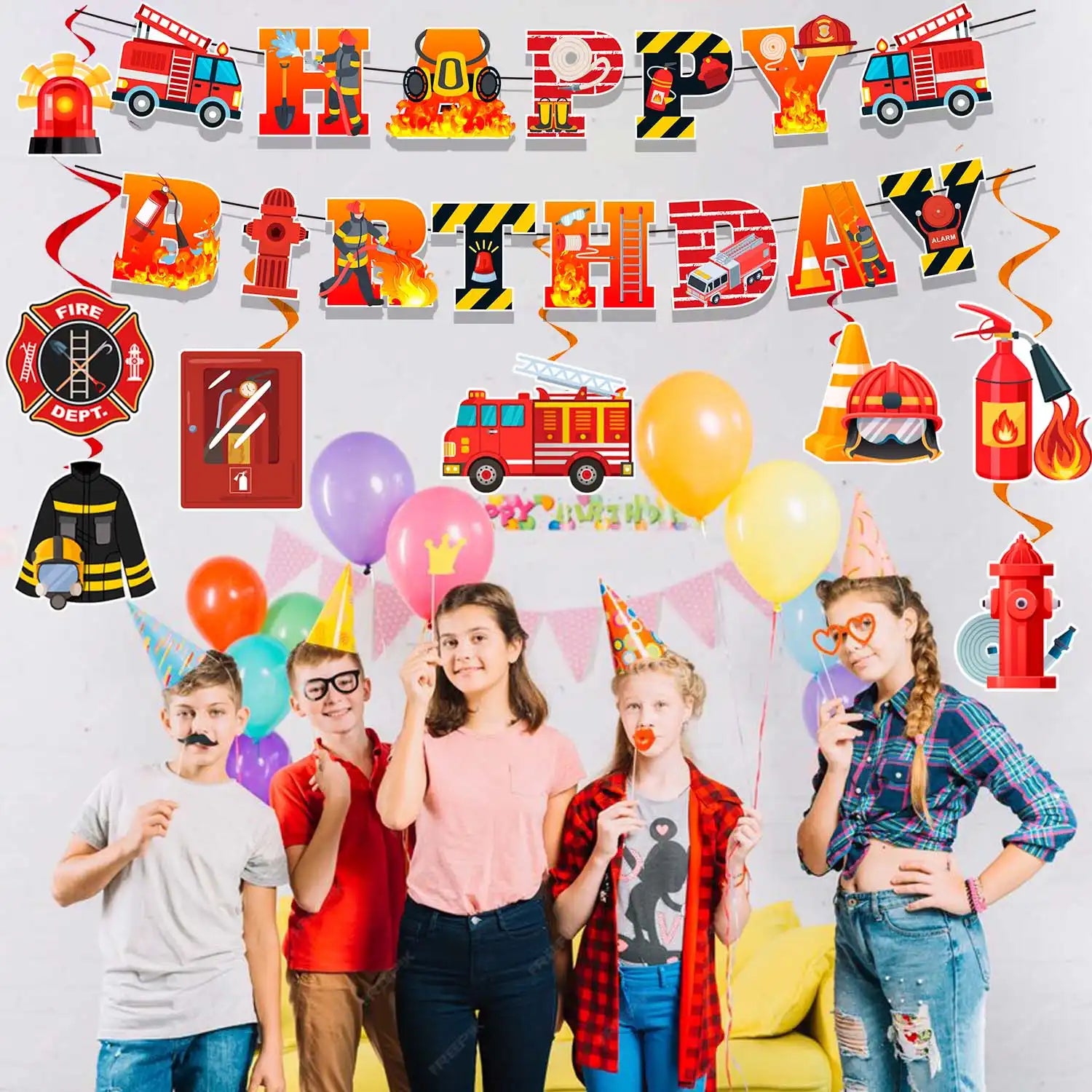 Fire Truck Birthday Decorations Set - Firetruck Birthday Decorations Banner & Fire Truck Party Hanging Swirls, Fire Resuce Theme Hanging Swirls for Firefighter Birthday Party Decorations Supplies