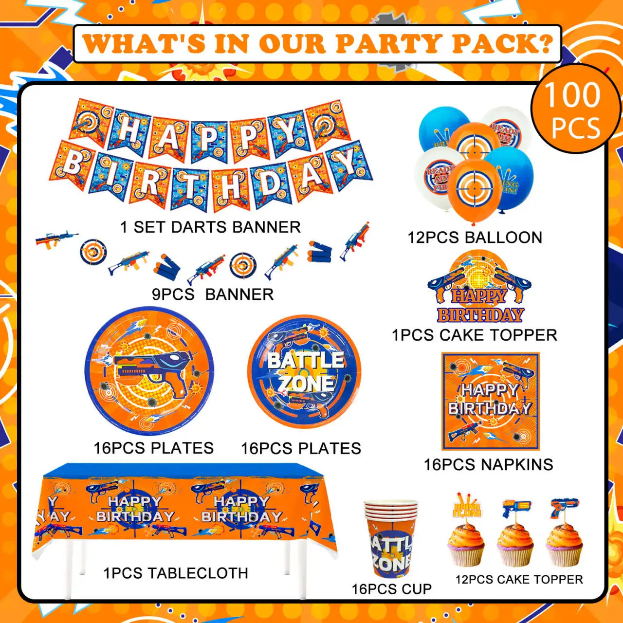 Dart War Party Supplies, 16 Guests Dart War Birthday Decorations set Include Dart War Party Plates Cups Napkins Tableware set Tablecloth Balloons ect Gun Party Supplies for Boys Birthday,Serves 16