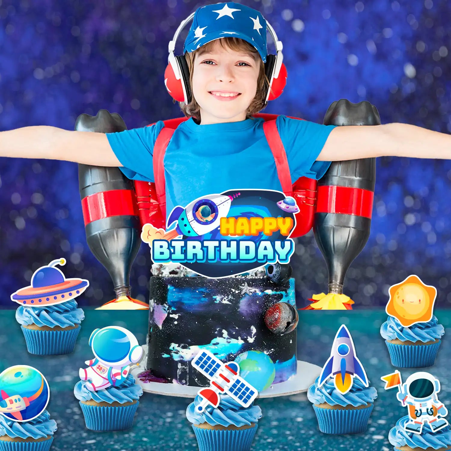Space Cake Topper, 25 Pcs Space Cake Decorations - 1 Space Theme Cake Topper + 24 Space Cupcake Toppers, Astronaut Rocket Cake Topper & Planet Cake Toppers etc Outer Space Party Decorations Supplies