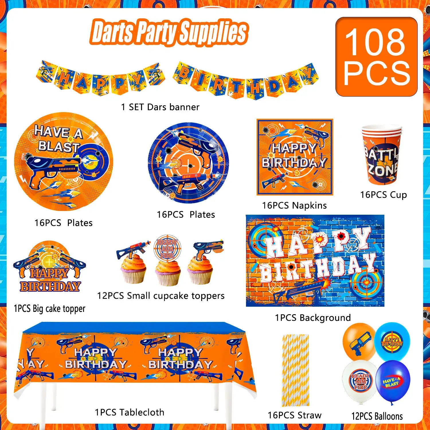 Dart Birthday Party Supplies, 16 Guests Dart War Party Decorations Tableware Set - Dart War Plates Cups Napkins Tablecloth Banner Balloon Backdrop Cake Topper etc Dart War Party Supplies