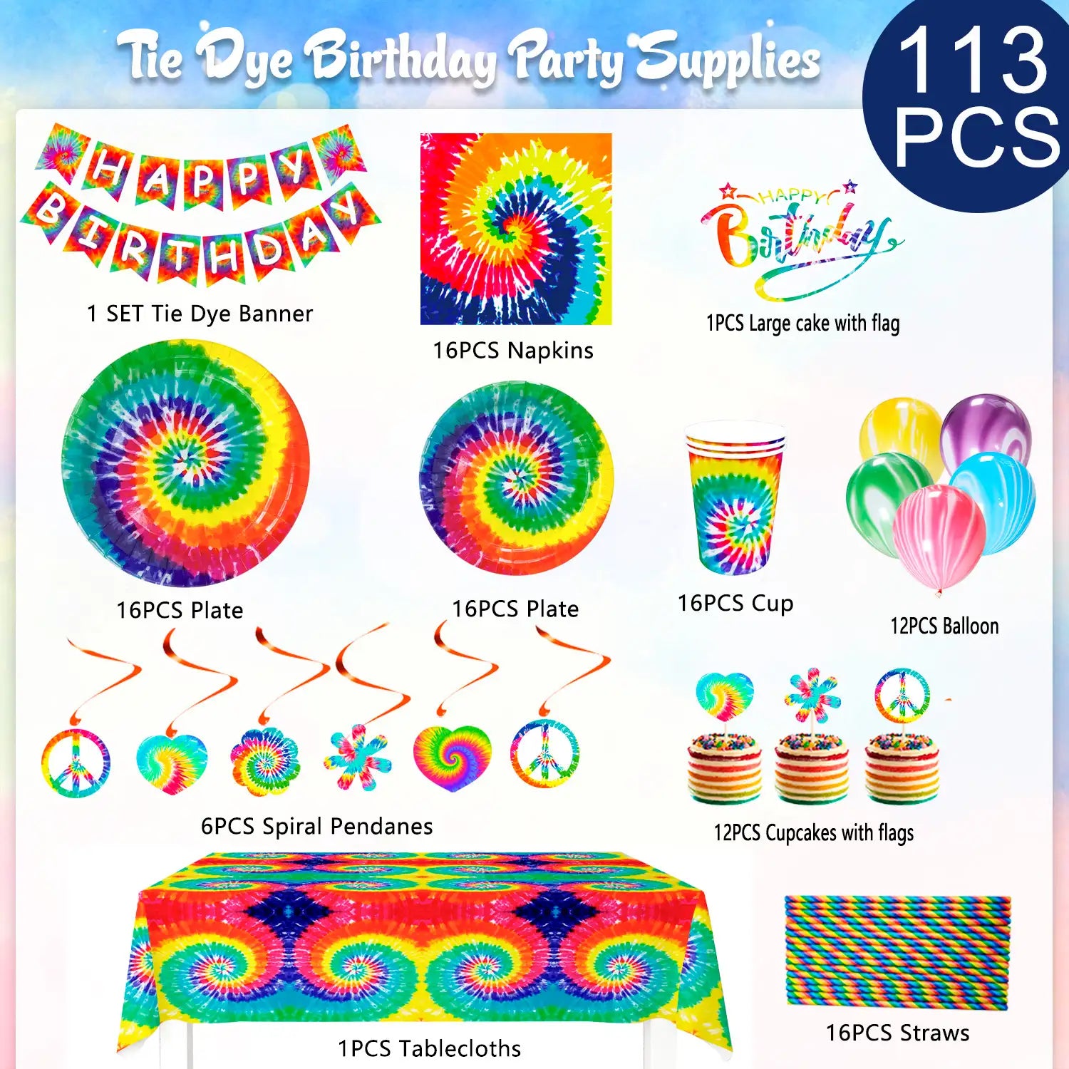 Tie Dye Birthday Party Supplies, 113pcs Tie Dye Party Tableware&Decorations Set - Tie Dye Paper Plates Cups Tablecloth Napkins Banner & Marble Balloons etc Tie Dye Party Decorations, Serves 16 Guests