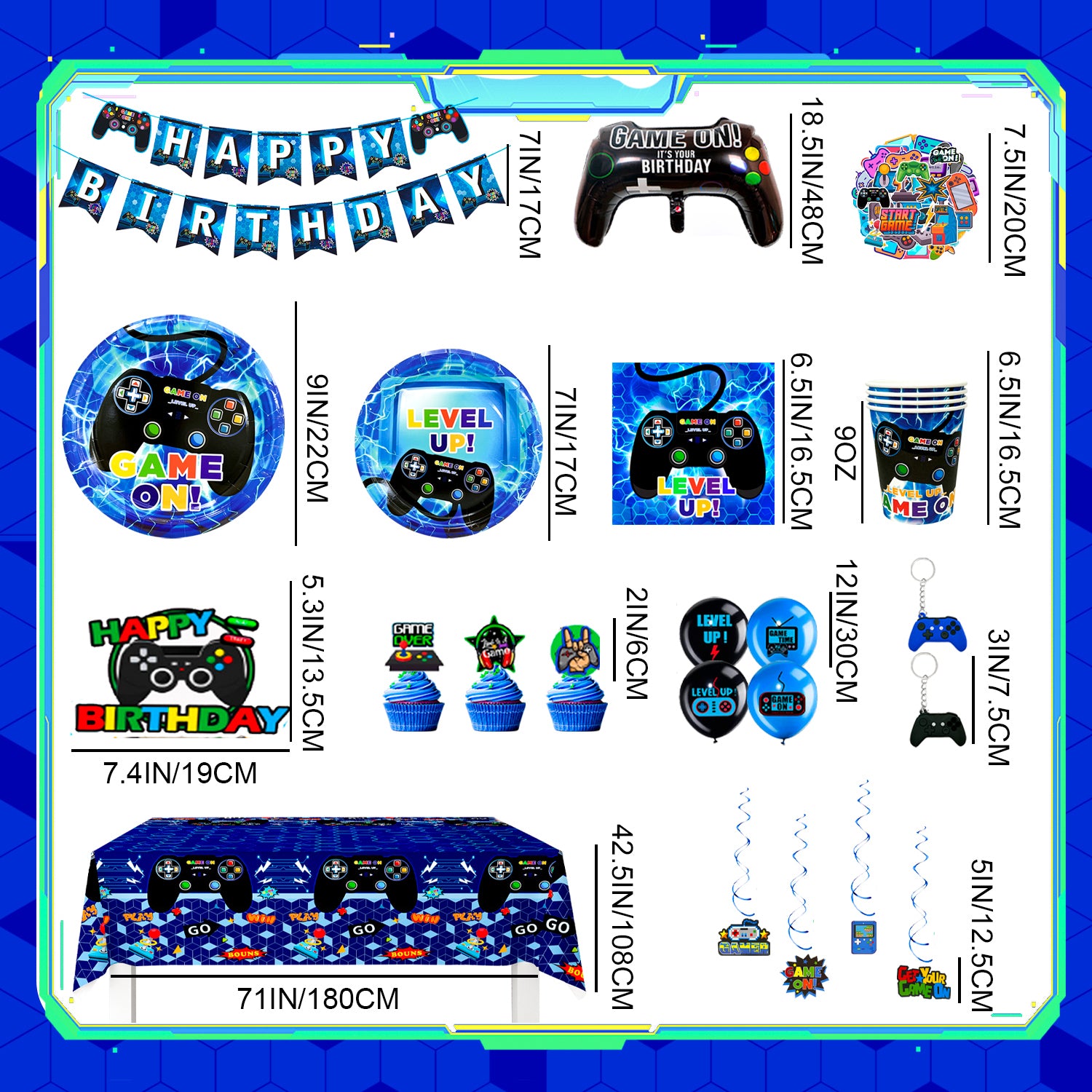 Video Game Birthday Decorations for 16 Guests, Video Game Party Decorations Tableware Set, Video Gaming Party Plates Cups Napkins Tablecloth Balloons Banner Hanging Swirls etc Video Gamer Party Supplies (Blue)