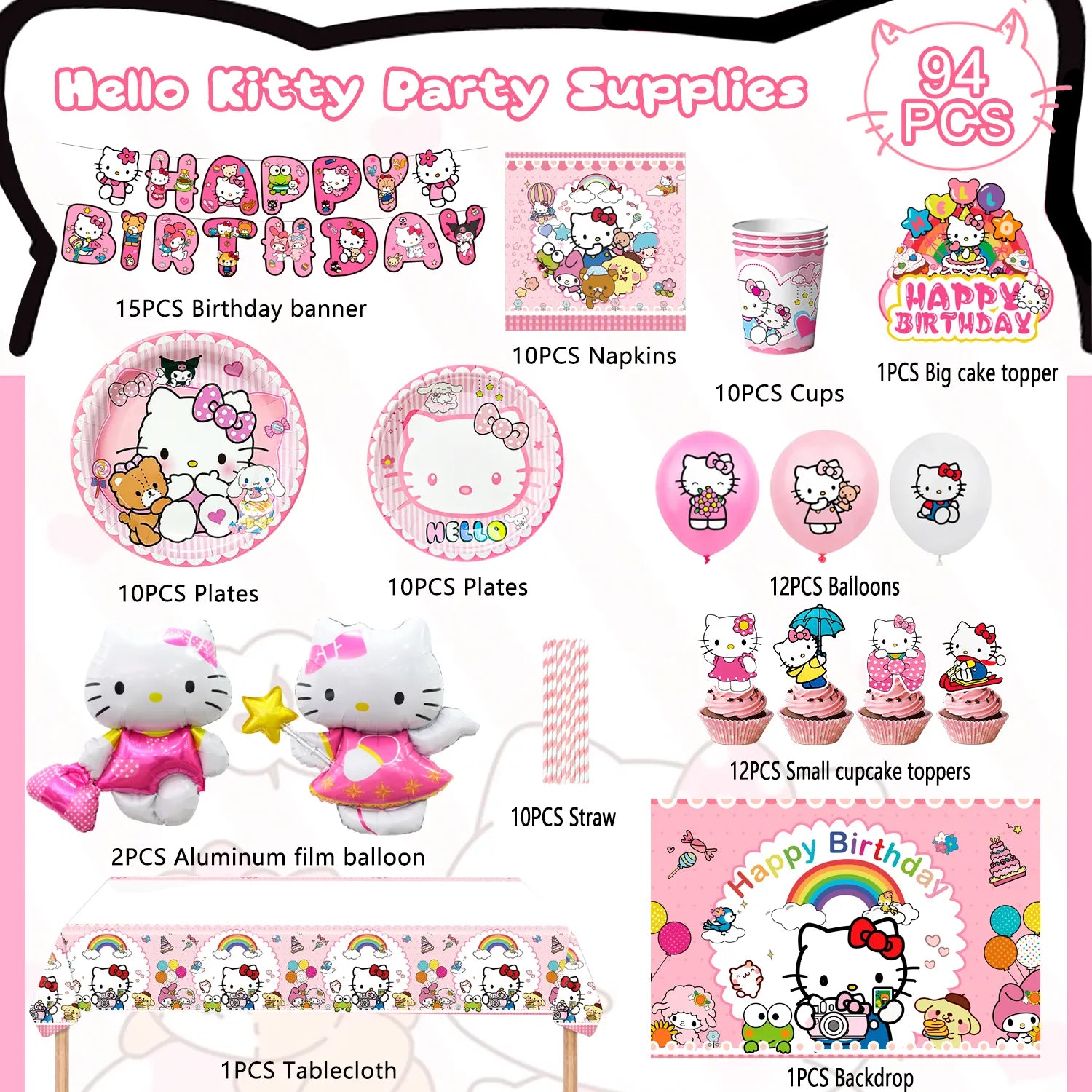 Hello Kitty Birthday Decorations,84pcs Hello Kitty Party Decorations & Hello Kitty Party Tableware Set - Hello Kitty Party Plates Cups Napkins Backdrop Balloon Banner etc Hello Kitty Party Supplies