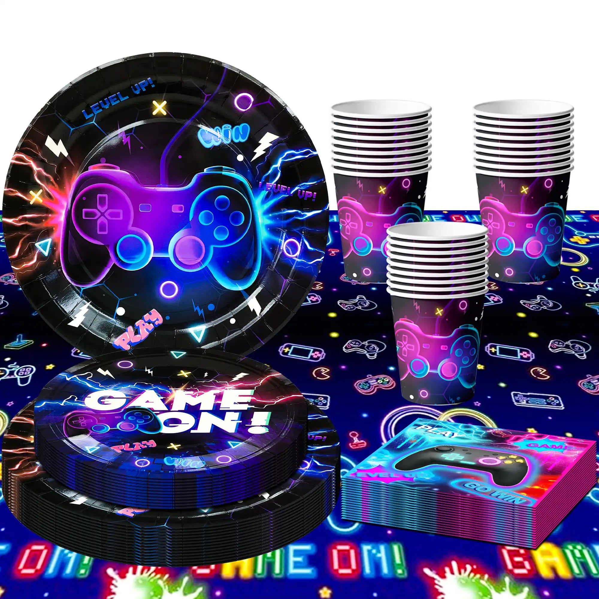 Video Game Birthday Decorations Tableware,65Pcs Game On Birthday Party Tableware Set-Video Game Birthday Plates Napkins Cups Tablecloth etc Glowing Game Party Tableware for Video Game Party Supplies