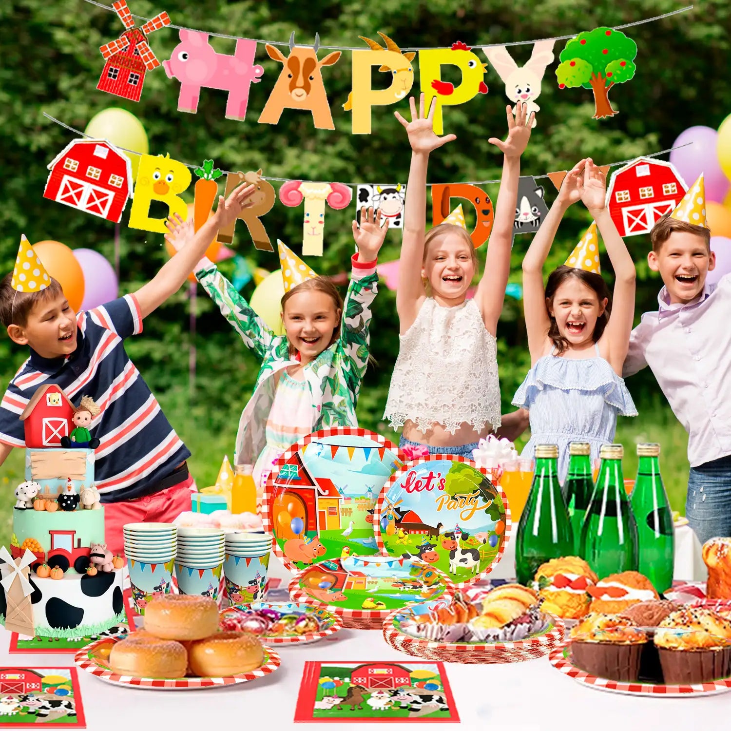 Farm House Fun Barnyard Animals Party Supplies, 16 Guests Farm Party Tableware Set-Farm animals Birthday Banner,Farm Plates Cups Napkins Tablecloth ect Farm Birthday Party Supplies,Serves 16