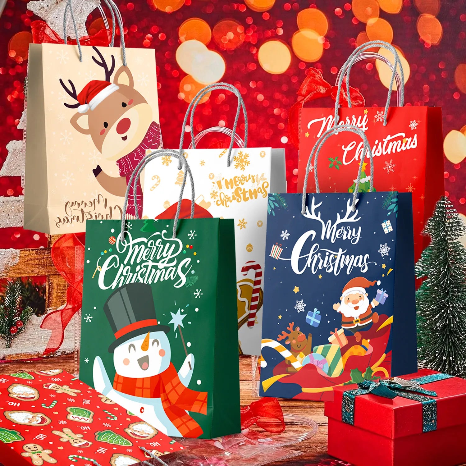 Christmas Bags Bulk, 24 Pcs Xmas Bags for Gifts Set - Christmas Wrapping Bags, Christmas Party Gift Bags & Christmas Paper Bags with Handles, for Kids/Men/Women Christmas Party Decorations Presents