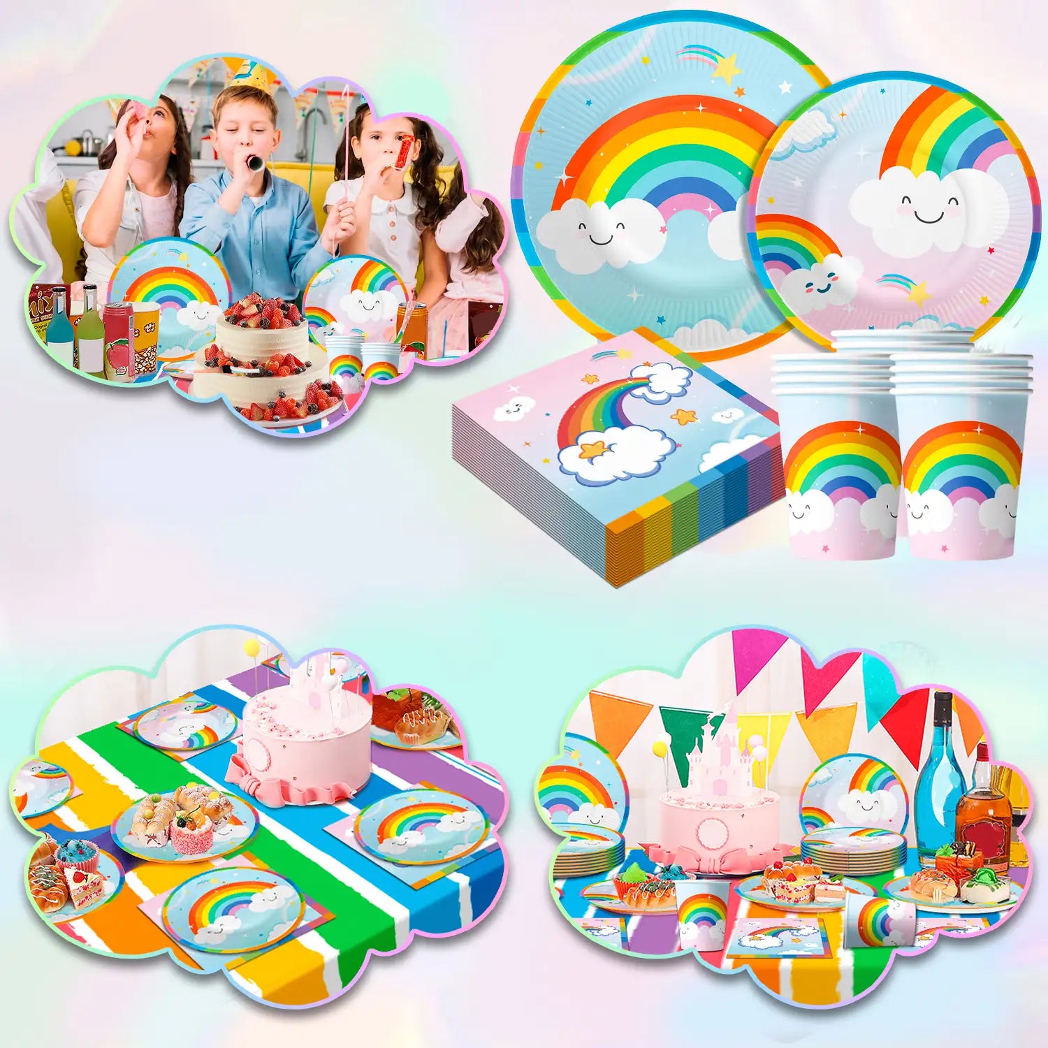 Rainbow Party Supplies, 20 Guests Rainbow Plates and Napkins Party Supplies Includ Rainbow Party Plates and Cups and Napkins Sets With Rainbow Tablecloth etc Rainbow Party Decorations for Girls Kids