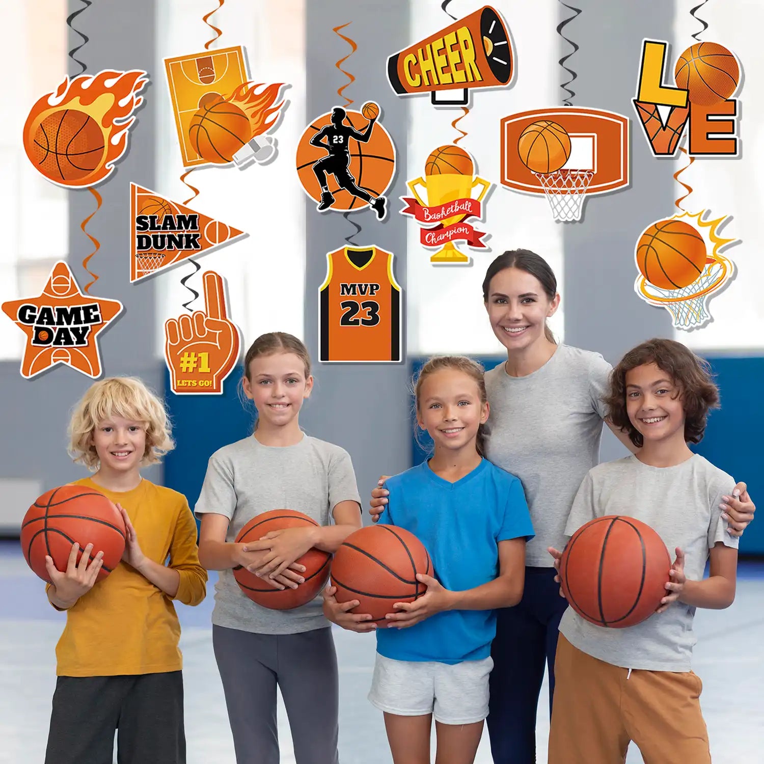 Basketball Party Hanging Swirls, 32pcs Basketball Hanging Swirl Decorations- 8 Double Swirls for Basketball Party Decorations & 24  Single Basketball Swirls Hanging for Boy Girl Basketball Theme Party