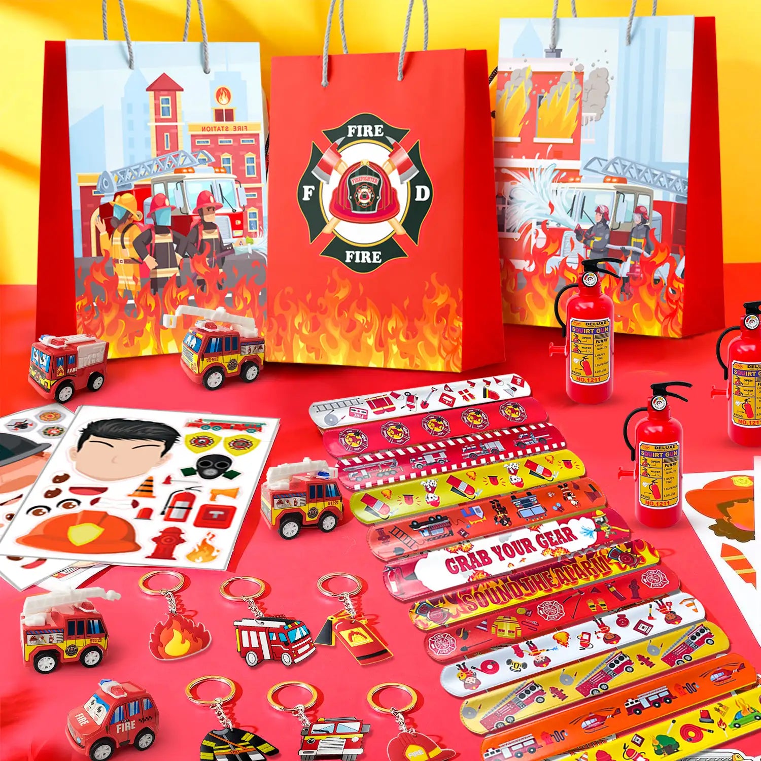 Firefighter Party Favors,12 Guests Fire Truck Party Favors Set- Firefighter Party Stickers Slap Bracelets Keychains etc Firefighter Themed Party Favors for Firefighter Birthday Party Decorations Supplies