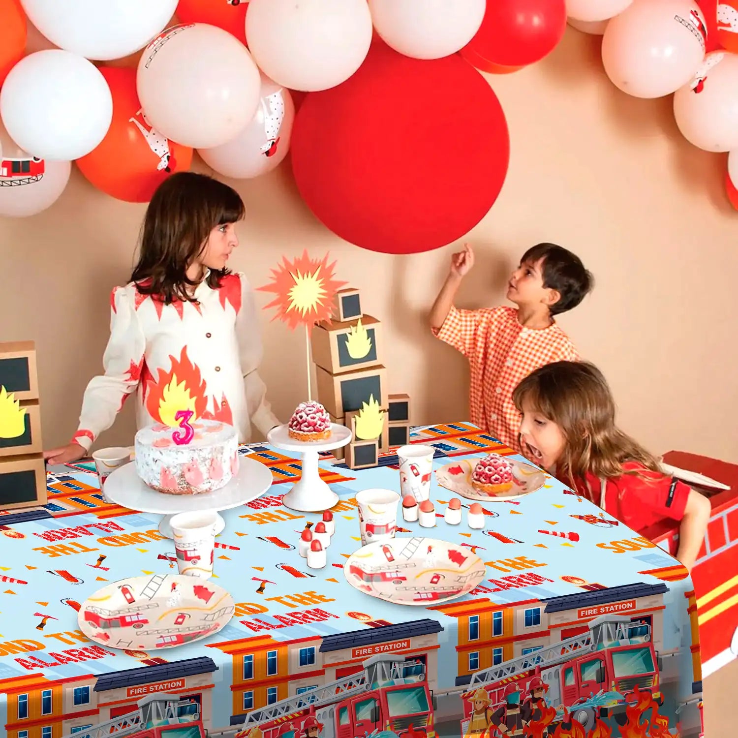 Fire Truck Tablecloth, 3 Pcs Firefighter Party Tablecloth Set - Fire Truck Birthday Tablecloth, Firefighter Party Table Cover & Fire Truck Birthday Party Tablecloth for Fire Truck Birthday Decorations