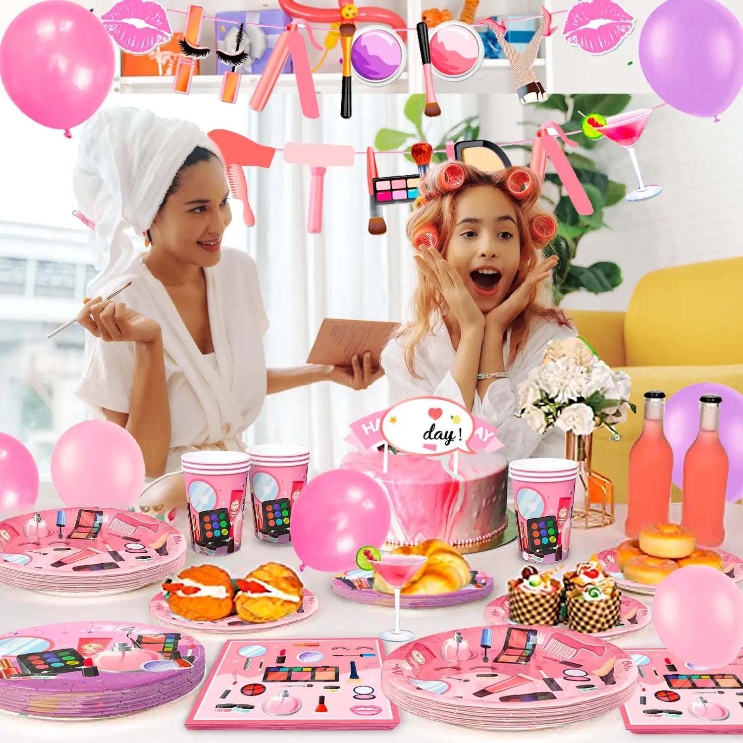 Makeup Birthday Party Supplies, 16 Guests Spa Party Decorations Set-Makeup Theme Party Decoration Plates Cups Napkins Banner Balloon Photo Booth Props etc Makeup Birthday Party Decorations for Girls Women