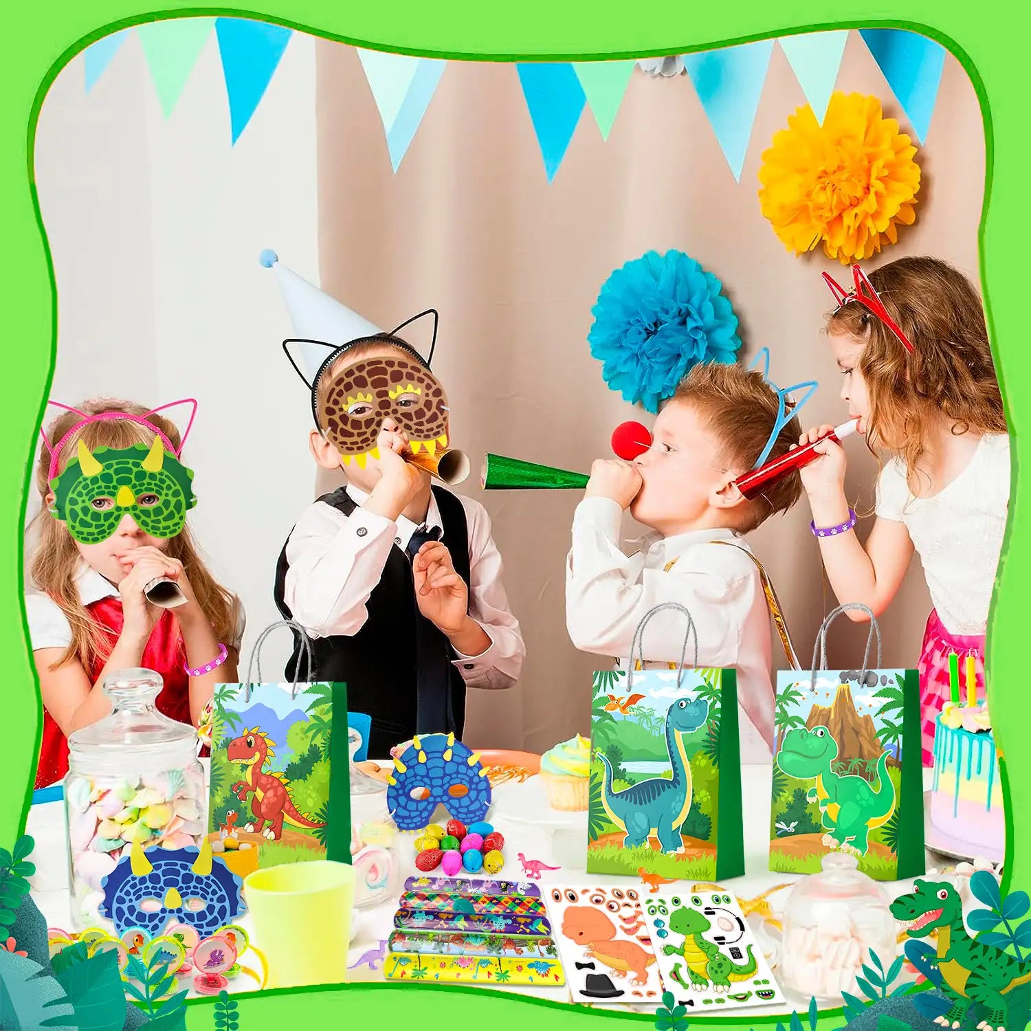Dinosaur Party Favors for Kids, 12 Guests All-in-One Dinosaur Birthday Party Favors Set - Dino Party Favor Bags Keychains Stampers Stickers Toys Clap Bracelets etc Dinosaur Birthday Party Supplies