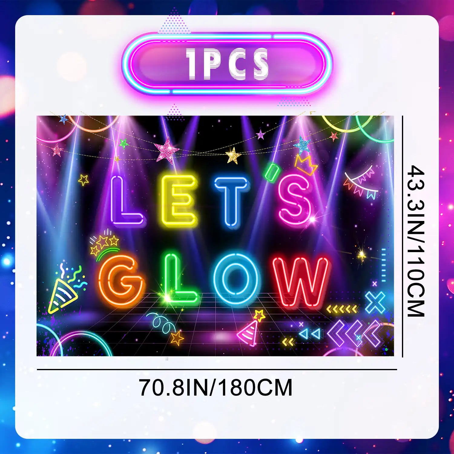 Neon Let's Glow Party Backdrop, 180x110 CM Lets Glow Backdrop, Glow in The Dark Backdrop & Neon Backdrop for Glow Party, for Lets Glow Party Decorations & Neon Birthday Party Decorations