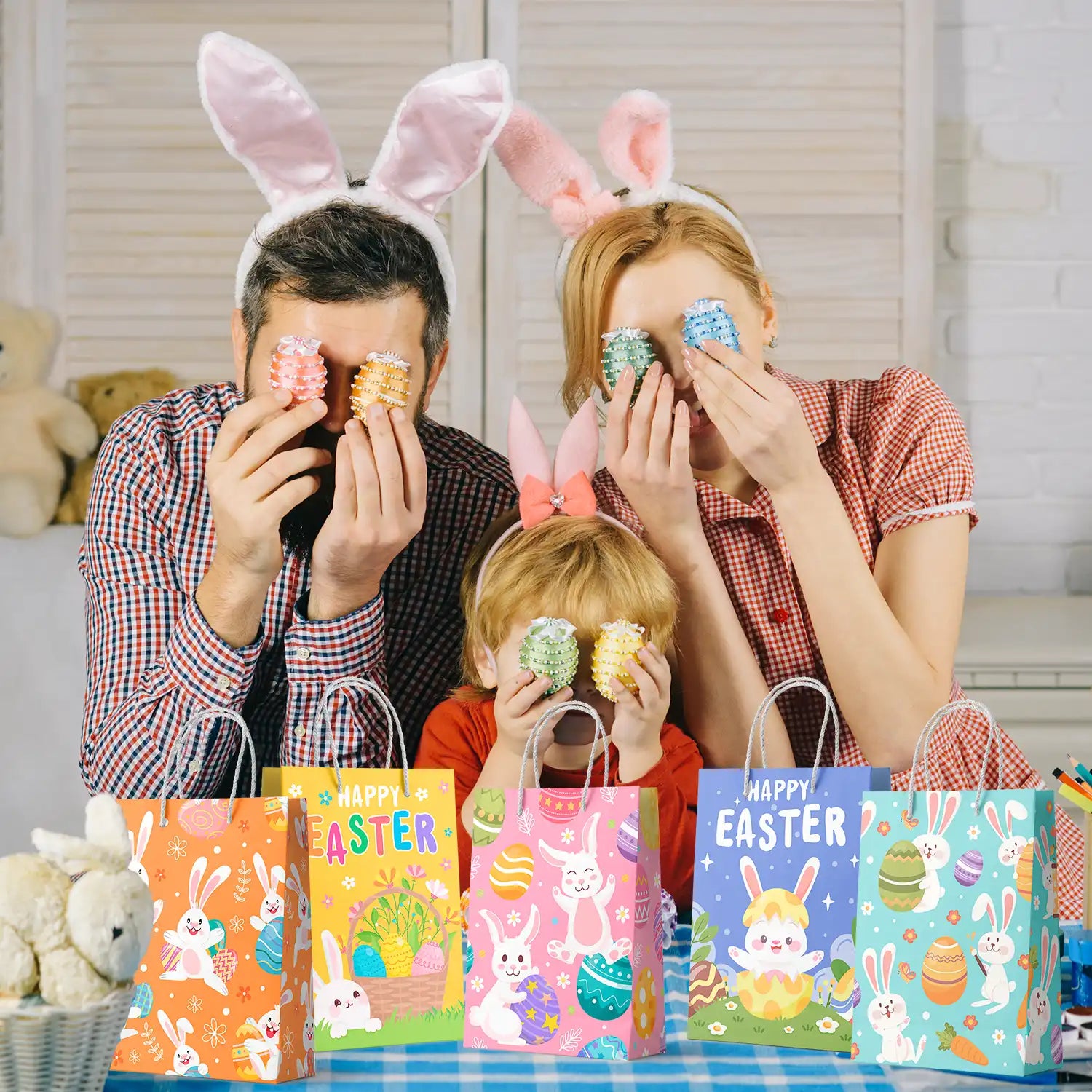 Easter Gifts Bags with Handles, 24 Pcs Easter Paper Treat Bags Easter Paper Handle Bags Easter Party Bags Easter Snack Paper Bags Easter Paper Lunch Bags, for Bunny Birthday Decorations Supplies