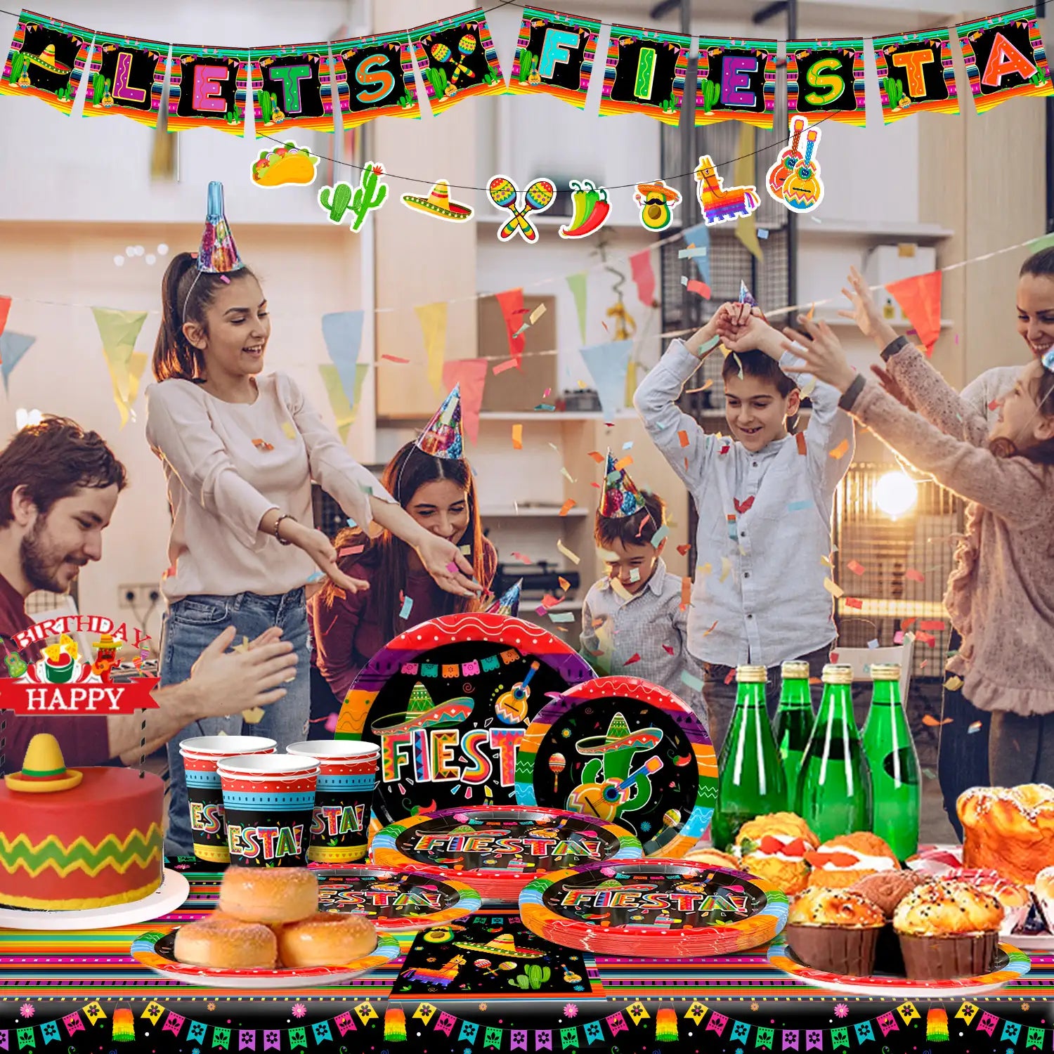 Mexican Themed Fiesta Party Supplies, 20 Guests Mexican Party Paper Tableware set Including Fiesta Plates Cups Napkins Tablecloth and Banner ect Fiesta Themed Party Supplies, for 20 Guests