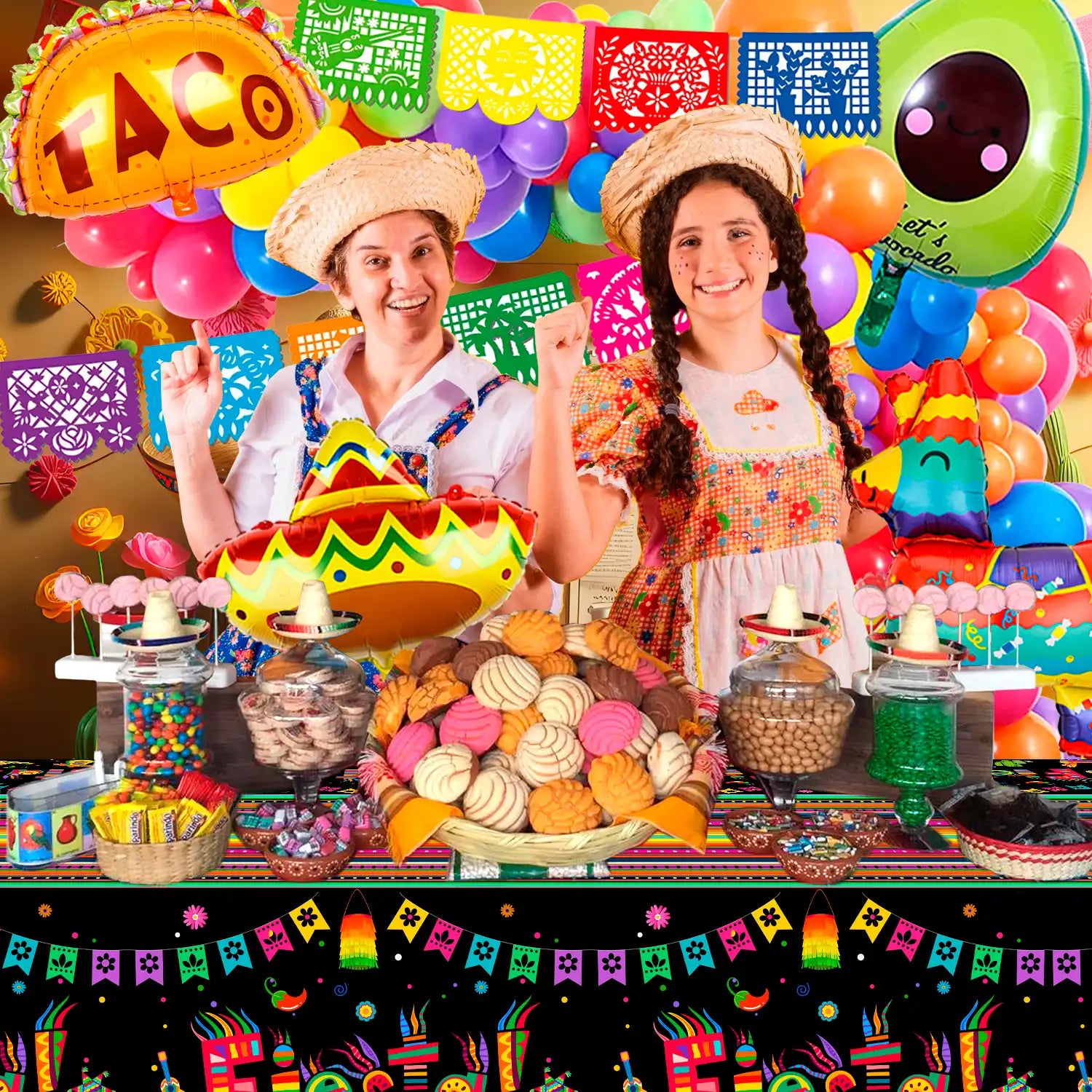 Mexican Fiesta Decorations, 62pcs Cinco De Mayo Decorations Set - Mexican Fiesta Balloon Banner & Mexican Fiesta Party Tablecloth etc Mexican Theme Party Decorations Supplies