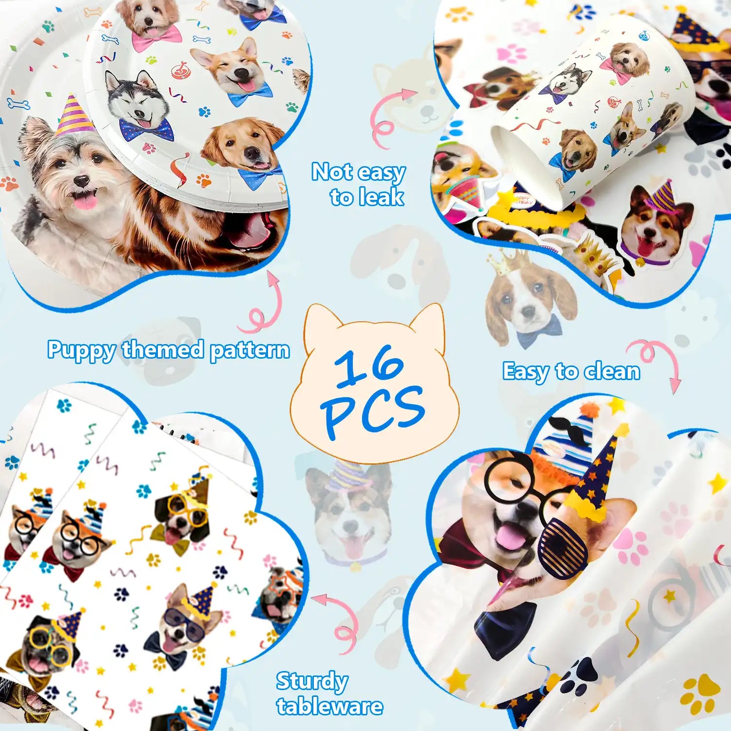 Puppy Dog Birthday Party Supplies, 16 Guests Dog Party Decorations Dog Birthday Party Tableware Set, Dog Birthday Banner, Puppy Balloons&Puppy Party Plates Cups Table Cloth etc Dog Themed Party Supplies