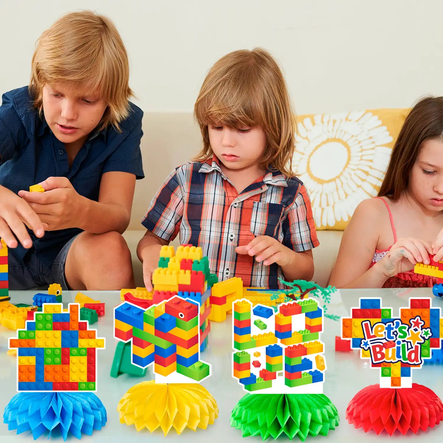 Building Block Honeycomb Centerpieces, 9 Pcs Building Block Themed Honeycomb Centerpieces Building Block Honeycomb Table Decorations Building Block Party Honeycomb for Building Block Birthday Party