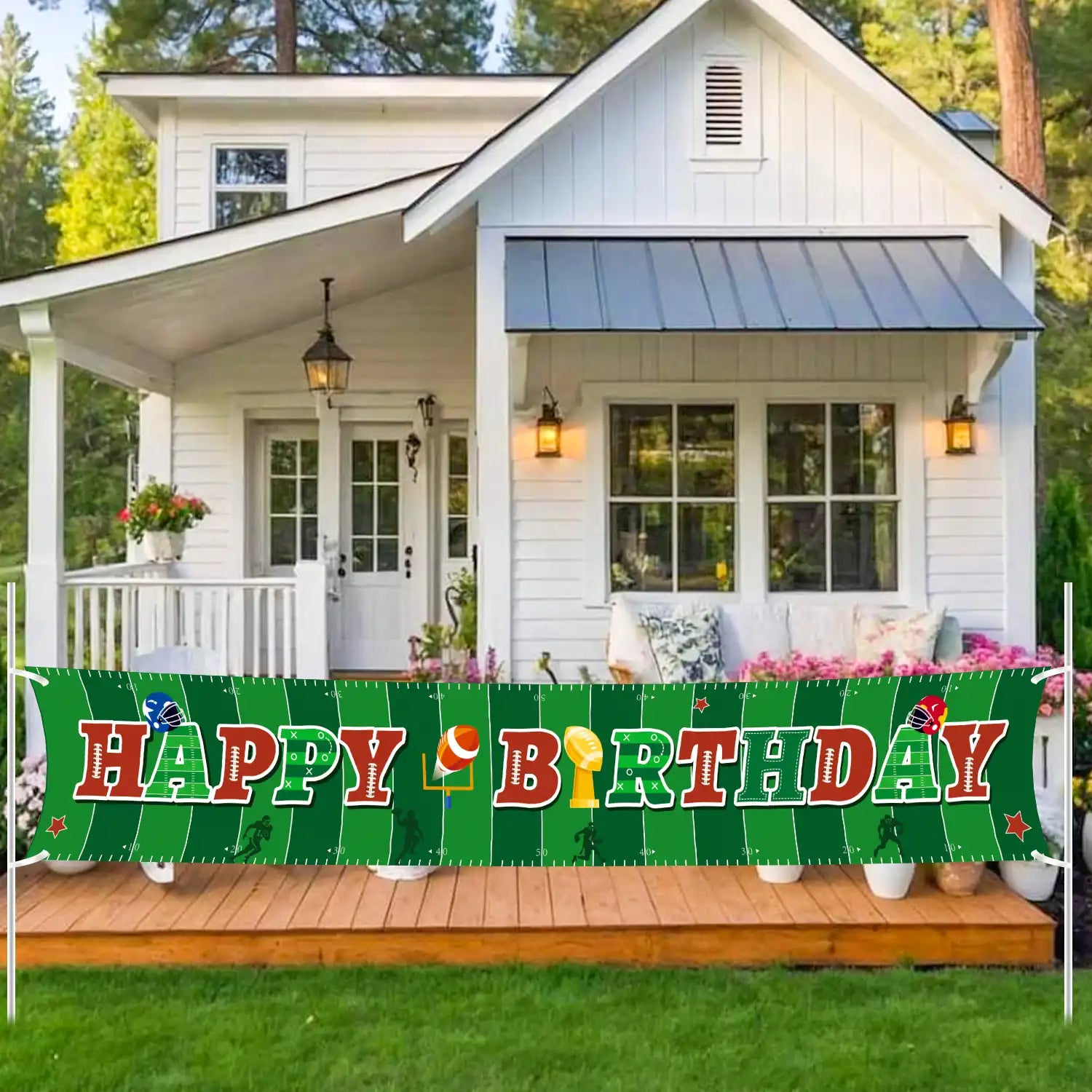 Football Fence Banner, 118 x 19.6'' Rugby Fence Banner, Football Party Yard Banner & Large Football Happy Birthday Banner for Football Decorations Supplies for Outdoor Yard Garden