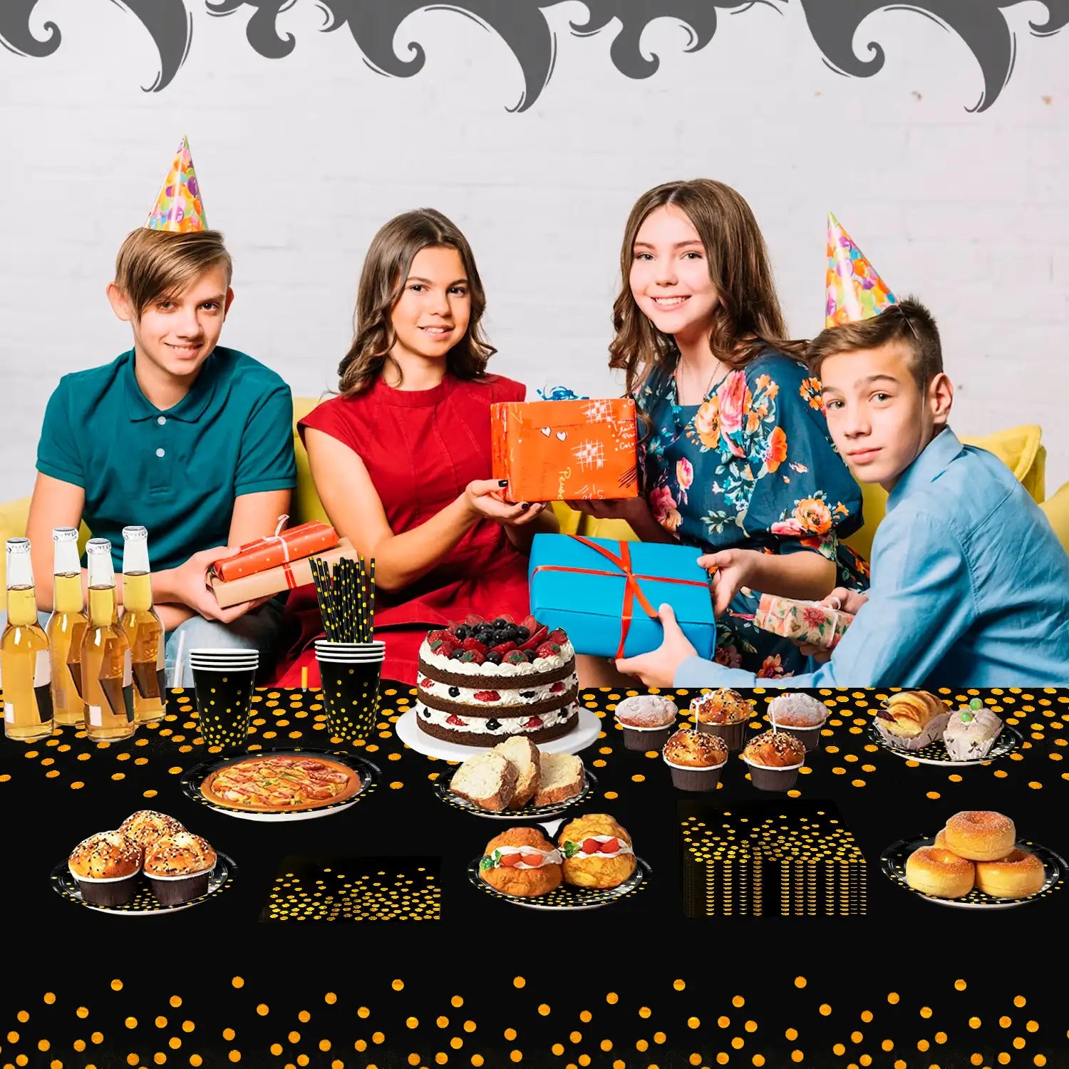 Black and Gold Party Decorations Tableware, 24 Guests Black Gold Polka Dot Tableware Set - Black and Gold Paper Plates&Black Golden Dot Paper Cups&Black and Gold Table Cover etc Black Gold Party Supplies