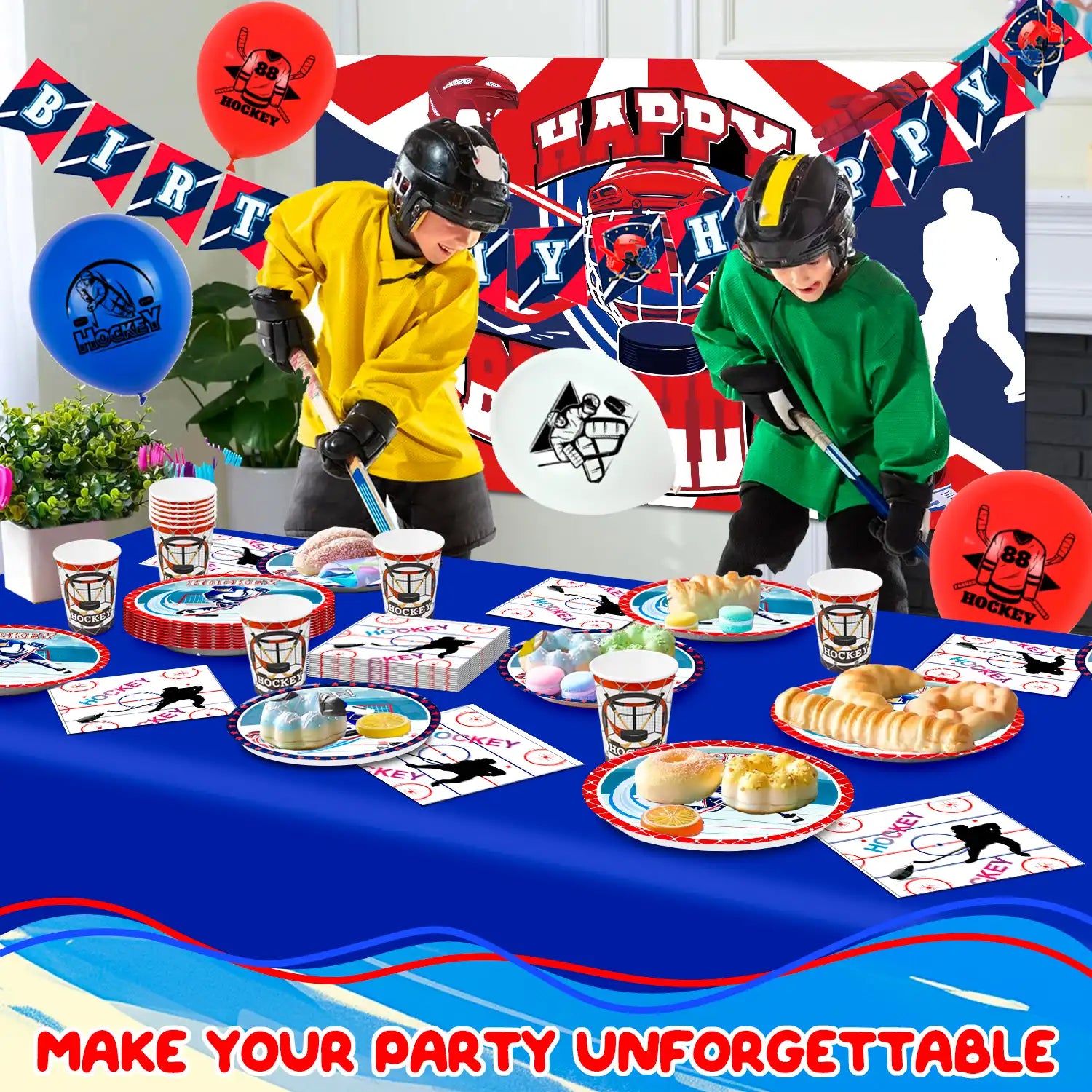 Hockey Birthday Decorations, 108 Pcs Hockey Party Decorations & Hockey Tableware Set - Hockey Party Balloons Banner Backdrop & Hockey Plates Napkins Tablecloth etc Ice Hockey Birthday Party Supplies