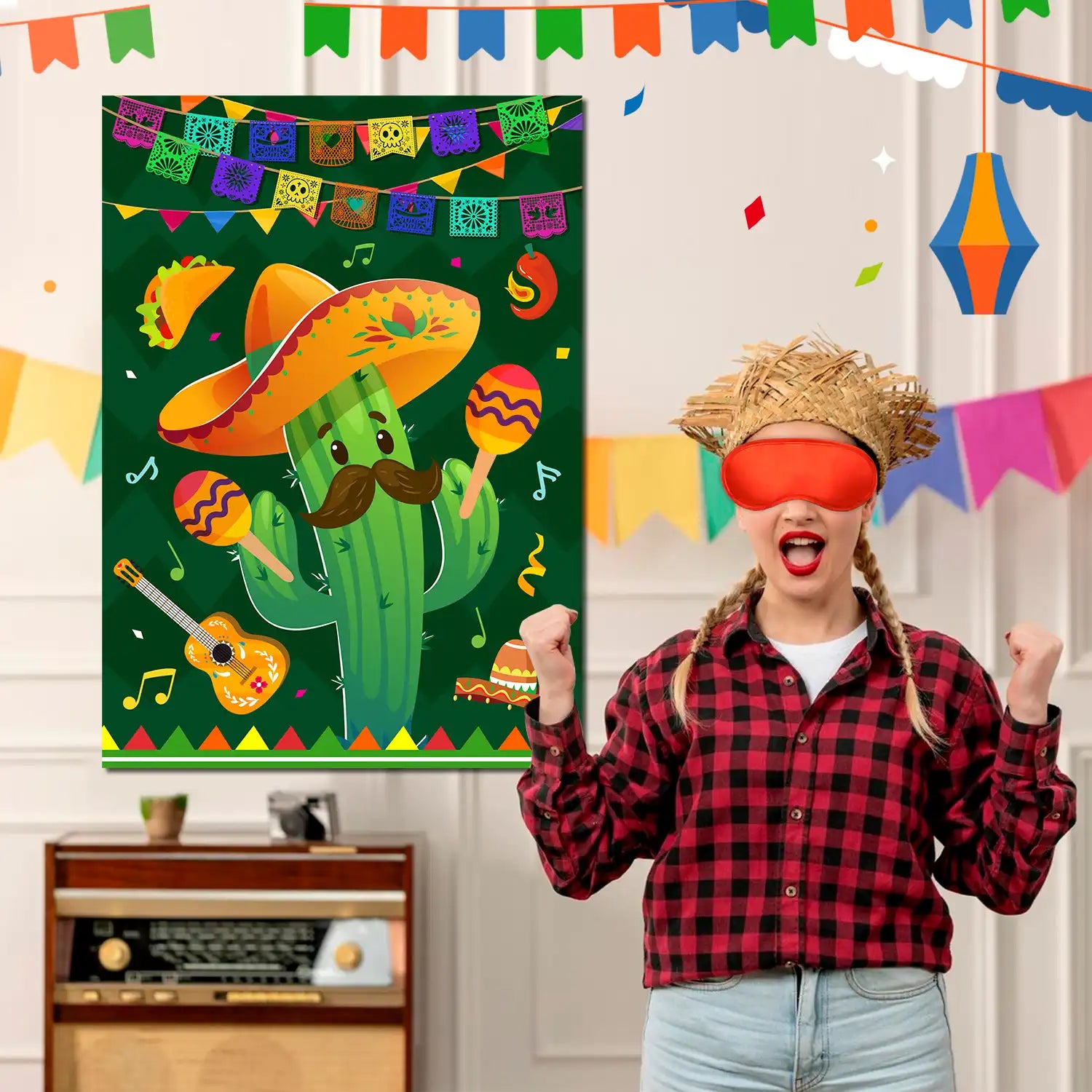 Pin The Maracas on The Cactus Mexican Games, 7 pcs Mexican Party Pin Game Set - Mexican Fiesta Party Games Poster Blindfold Maracas Mexican Stickers etc Mexican Birthday Party Decorations Supplies