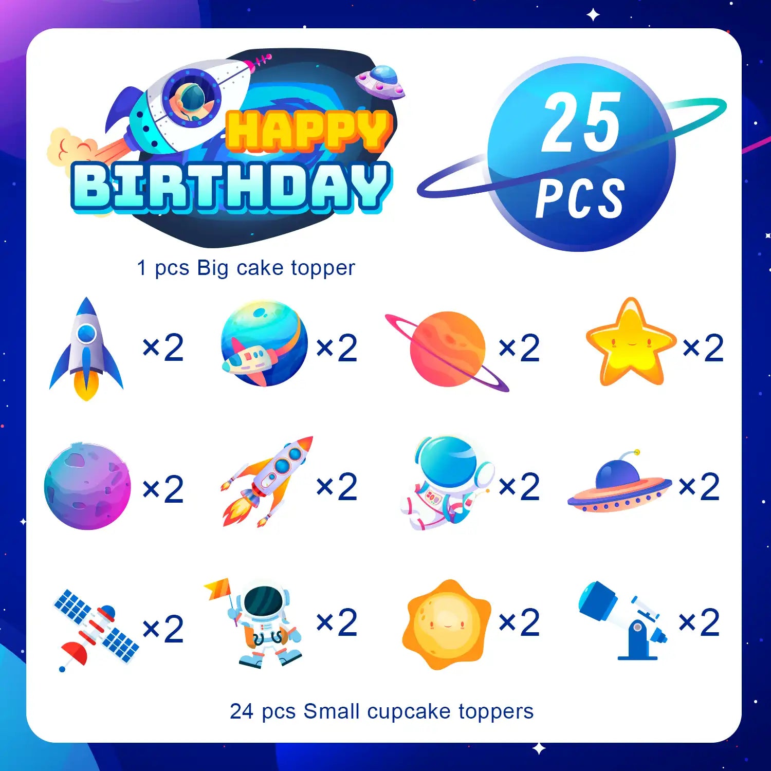 Space Cake Topper, 25 Pcs Space Cake Decorations - 1 Space Theme Cake Topper + 24 Space Cupcake Toppers, Astronaut Rocket Cake Topper & Planet Cake Toppers etc Outer Space Party Decorations Supplies
