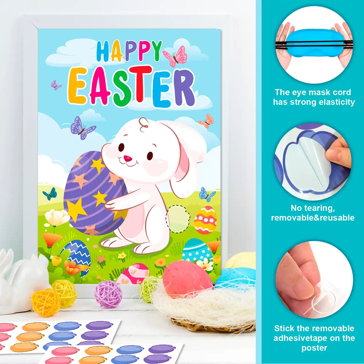 Pin The Tail on The Bunny Easter Games, 7 Pcs Pin The Tail on The Bunny Game Supplies - Easter Games Poster, Bunny Tail Easter Stickers & Easter Party Blindfold etc Easter Party Decorations Supplies