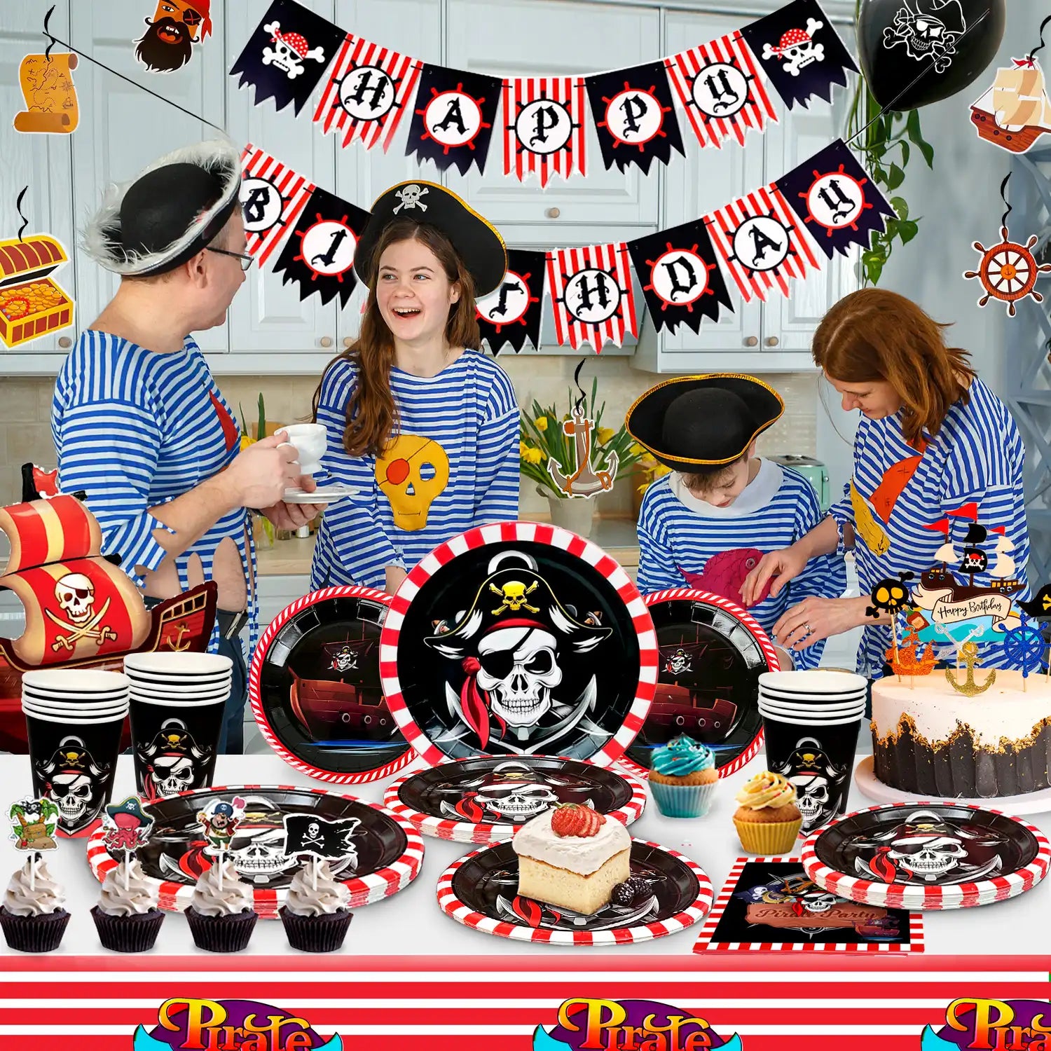 Pirate Birthday Party Supplies,113Pcs Pirate Party Decorations & Tableware Set - Pirate Birthday Banner Balloons Tablecloth Plates Cups Napkins ect, Pirate Halloween Themed Birthday Decorations