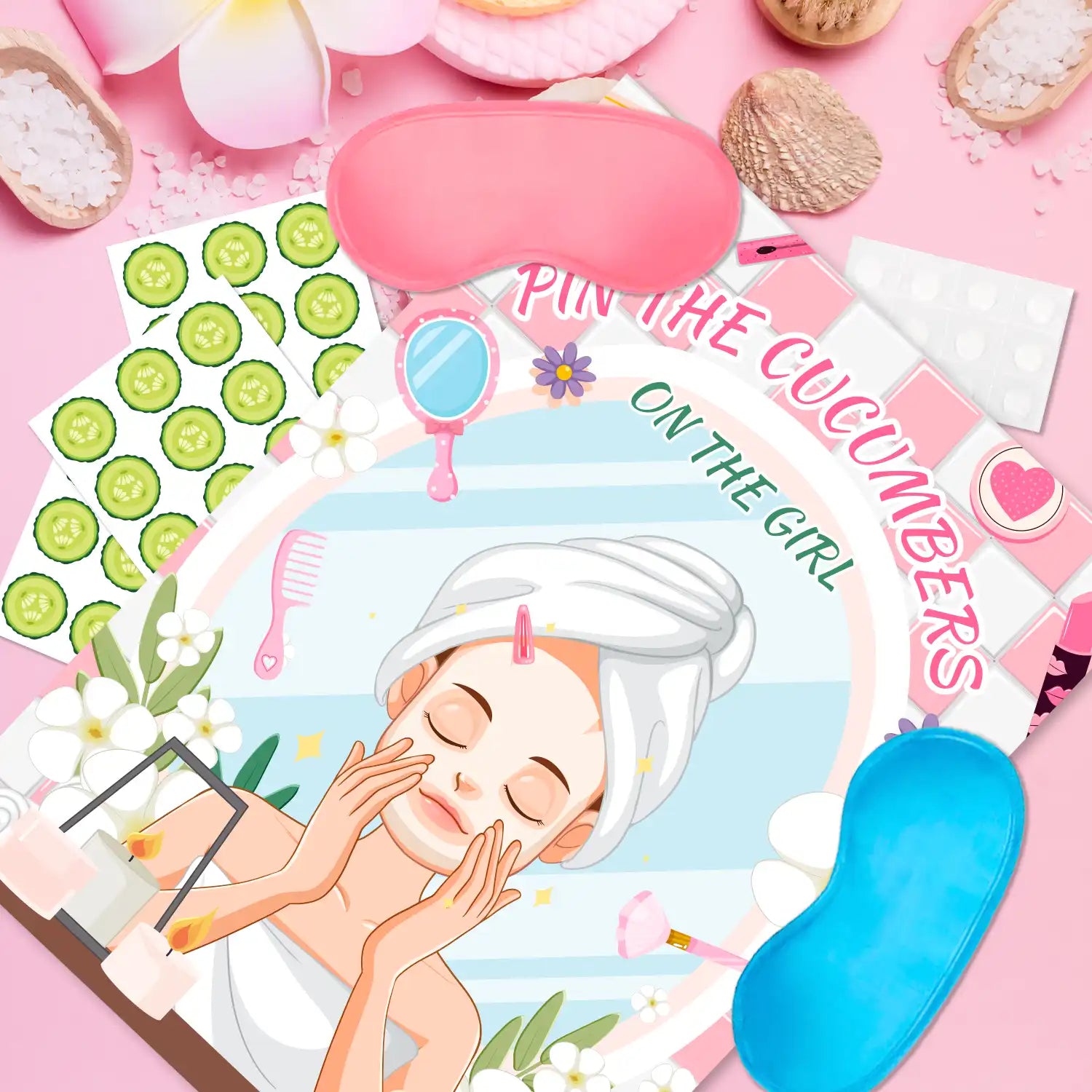Spa Party Games, 7pcs Pin The Cucumber on The Girl Set - Spa Game Poster, Cucumber Stickers & Spa Birthday Party Decorations Blindfold for Women Kids Spa Party Supplies