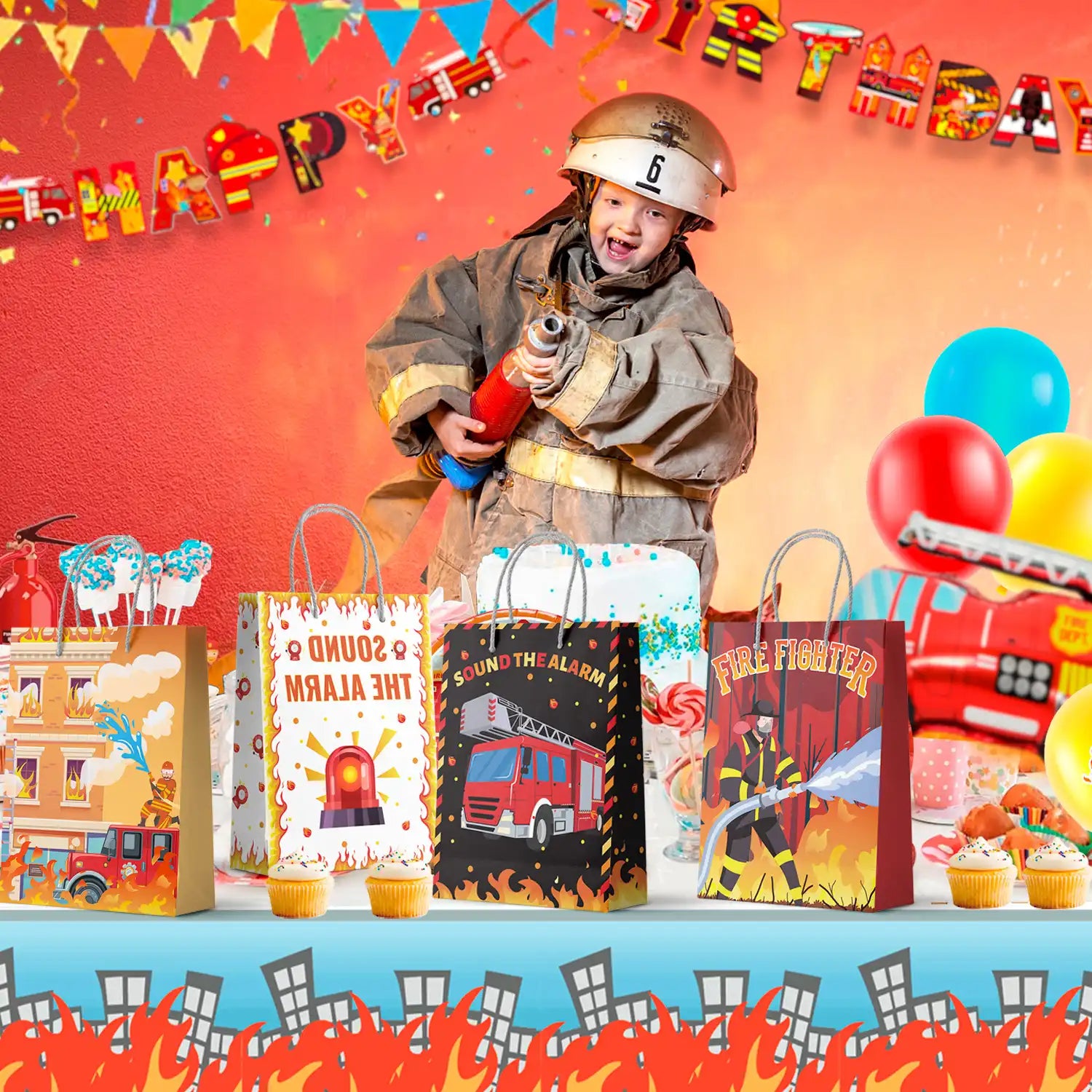 Firetruck Gift Bags, Fire Truck Party Favor Bags Set - Firetruck Birthday Gift Bags, Firefighter Party Bags & Fire Truck Goodie Bags for Fire Truck Birthday Decorations/Firefighter Party Decorations