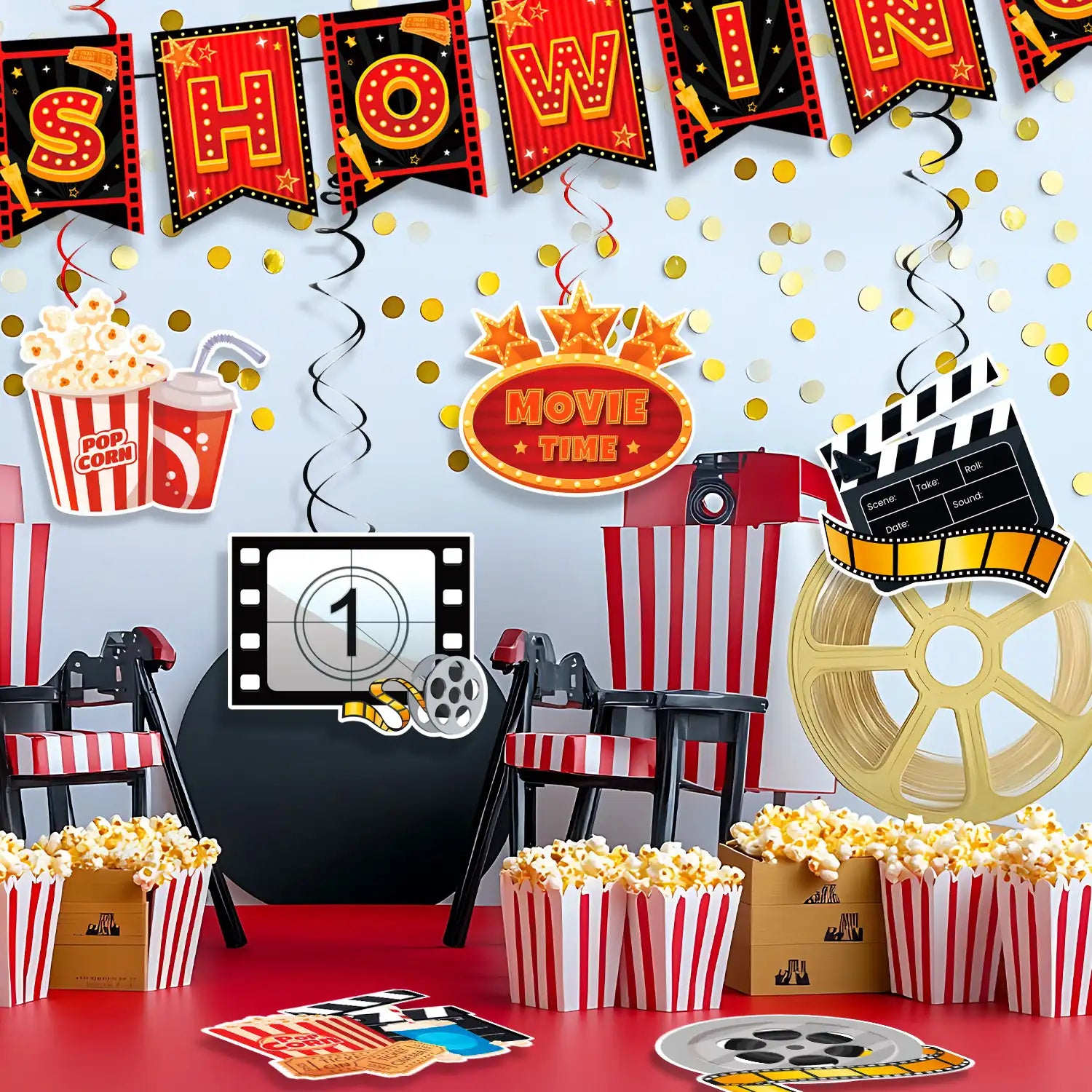 Movie Night Party Swirl Banner, 8pcs Movie Night Birthday Party Decorations Set - Movie Night Hanging Swirl & Movie Night Now Showing Banner for Movie Theme Party Decorations & Movie Night Decorations