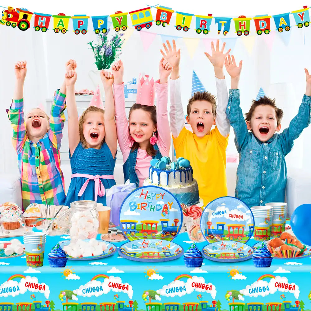 Train Birthday Party Supplies, 16 Guests Train Party Decorations Tableware Set - Train Plates and Cups Napkins & Train Birthday Banner Tablecloth etc Train Themed Tableware for Boys/Girls Kids