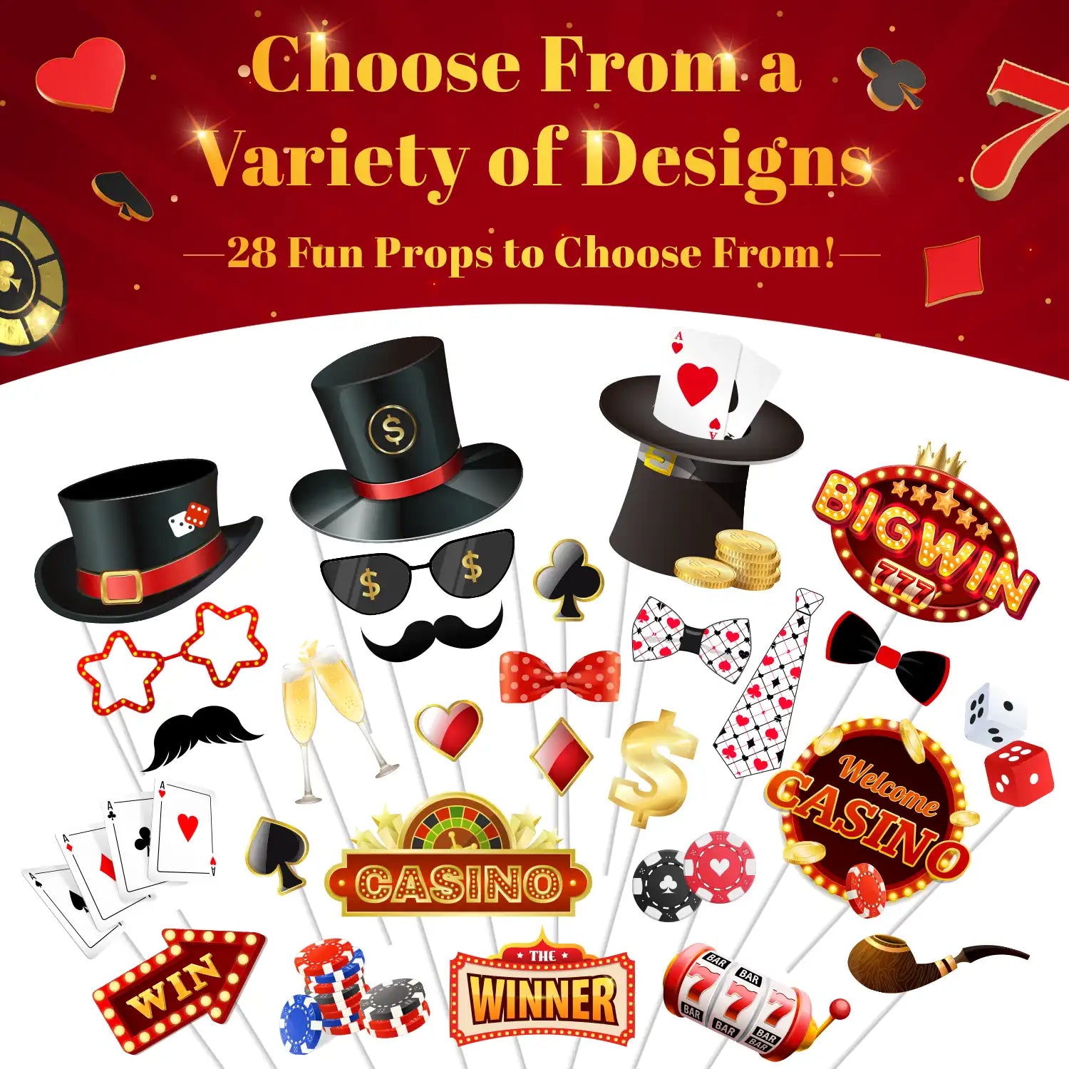 Casino Photo Booth Props, 28 Pcs Casino Themed Photo Booth Props, Casino Night Photo Booth Props & Casino Theme Party Photo Booth Props for Casino Theme Party Decorations & Las Vegas Party Decorations