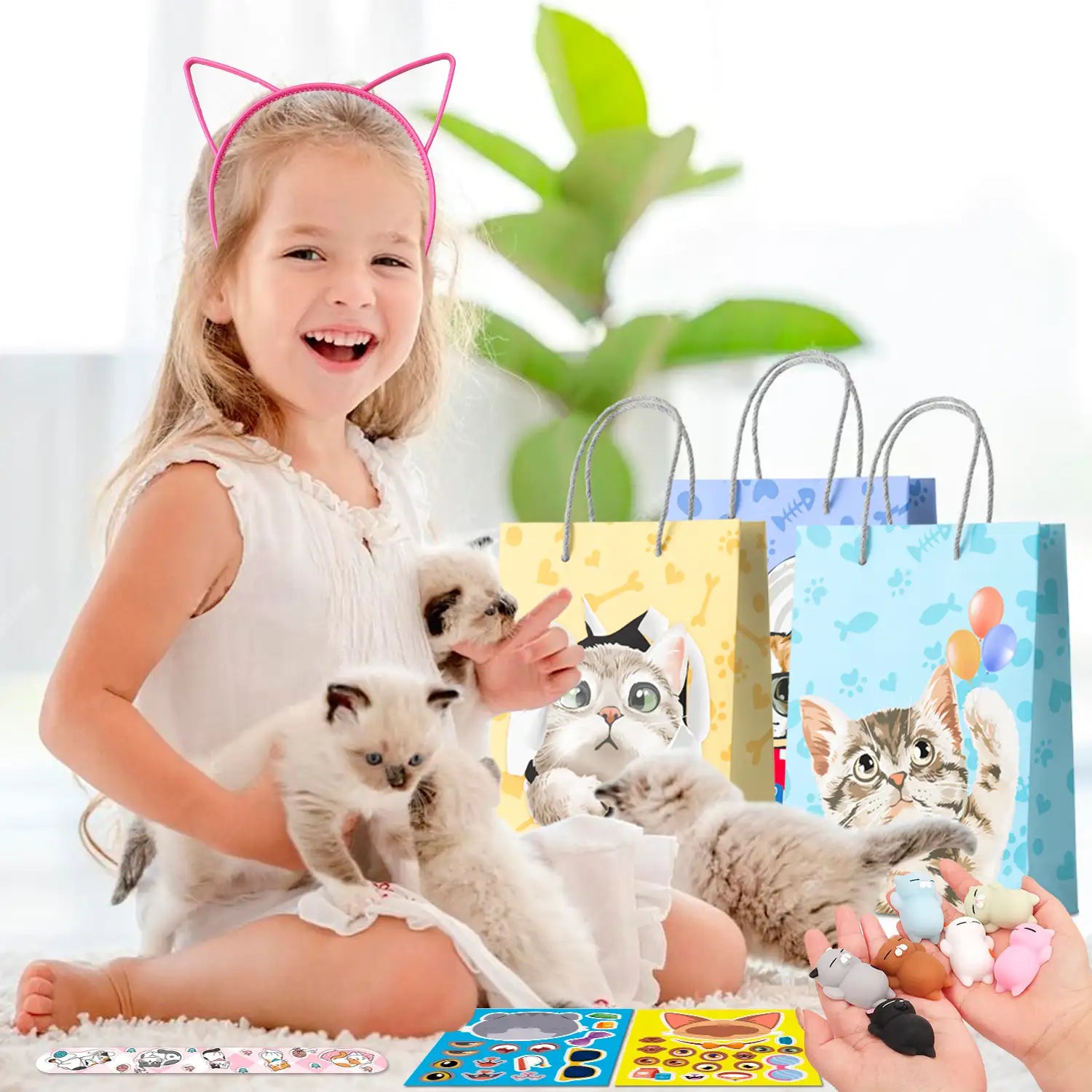 Cat Party Favors, 72pcs Kitty Party Favors Set Including Cat Goodie Bags Ears Headband Stickers Keychains Slap Bracelets etc Cat Themed Party Favors for Cat Birthday Party Decorations Supplies