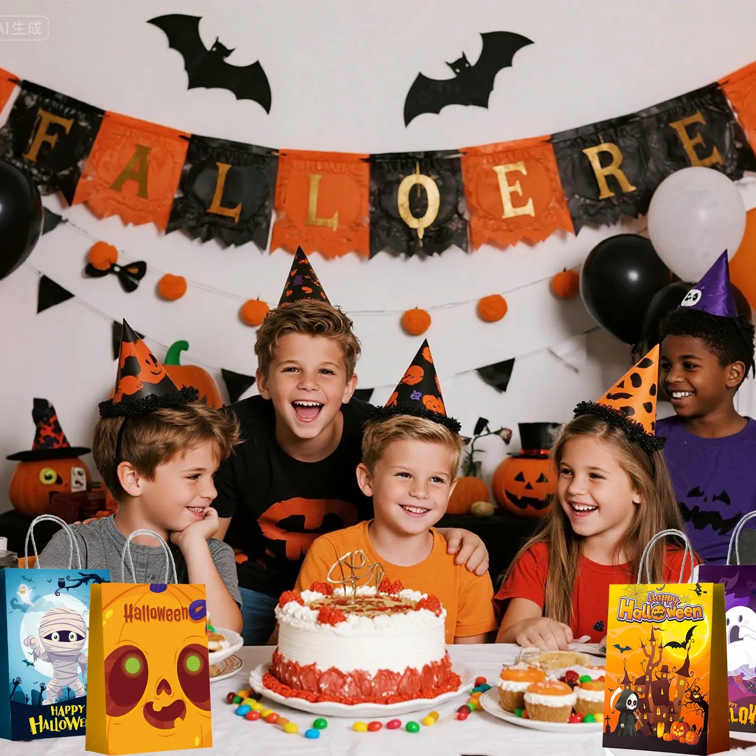 24 Halloween Handle Gift Bags, Halloween Party Bags, Candy Bags, and Gift Bags for Party Favors, Halloween Tricks, Children's Birthday Parties, and Party Decorations (6 Styles)