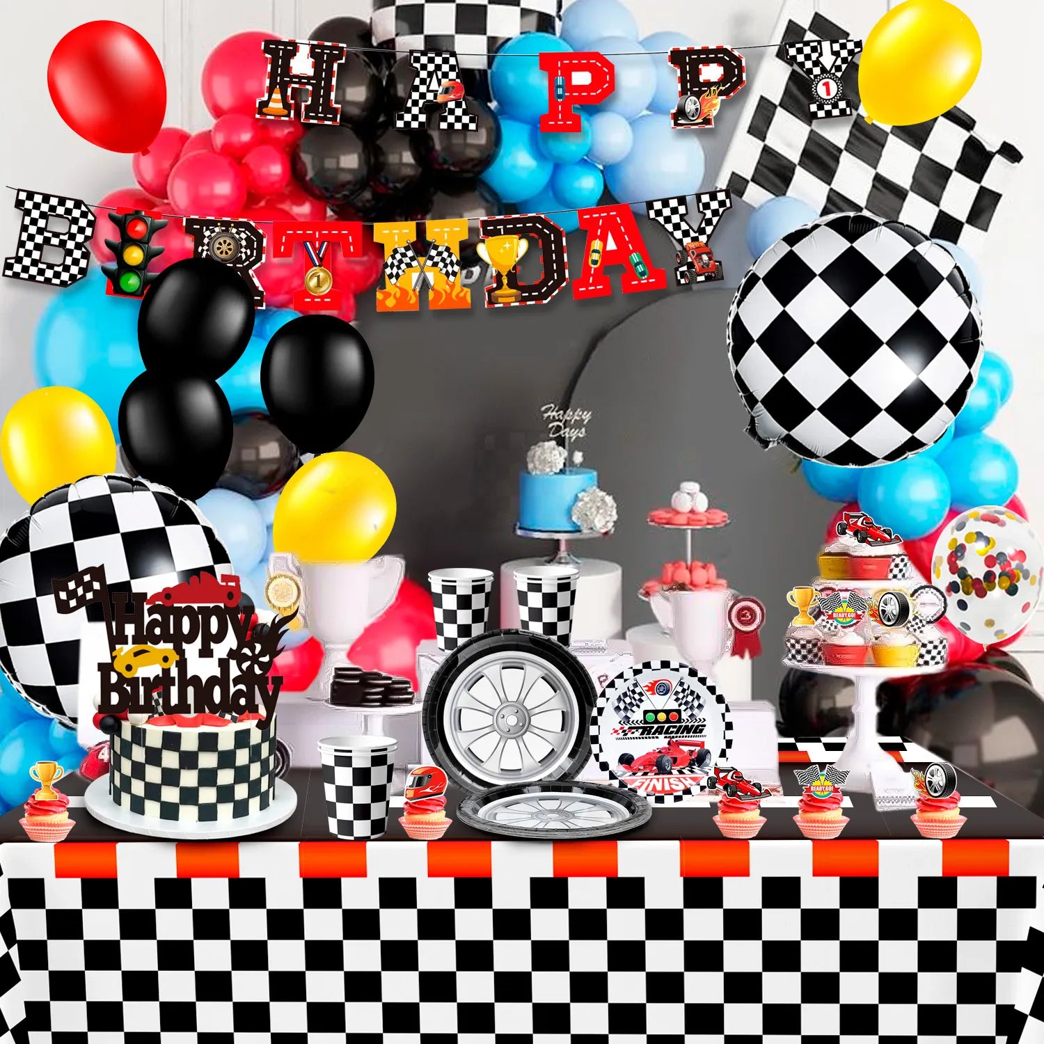 Race Car Birthday Decorations, 87 Pcs Race Car Birthday Party Decorations&Race Car Birthday Party Tableware Set - Race Car Birthday Plates Napkins Balloons Hanging Swirl etc Racing Car Party Supplies