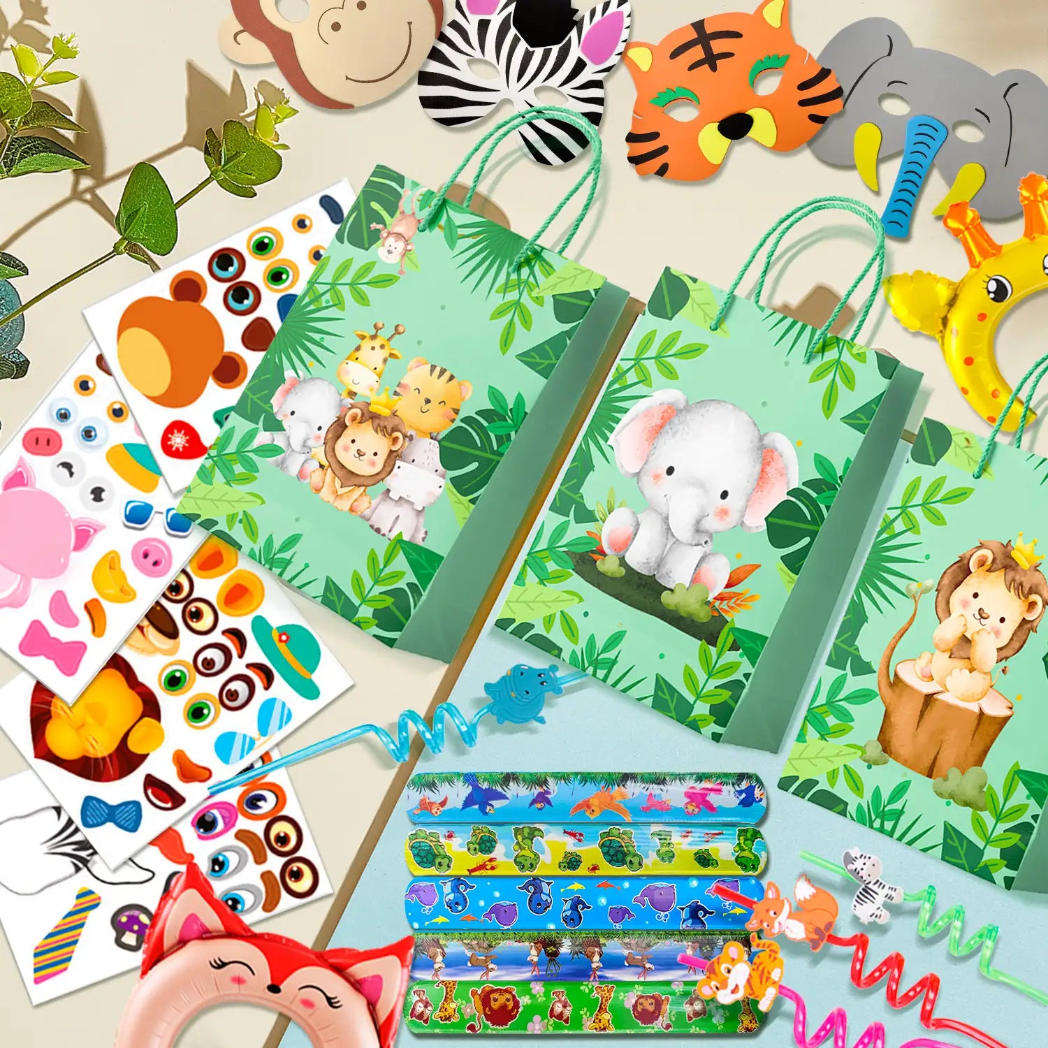 Jungle Safari Party Favors, 72pcs Jungle Safari Birthday Party Favors Set Includes Safari Party Slap Bracelets Stickers Straws Balloon, Animal Mask, Safari Goodie Bags etc Jungle Party Favors for Kids