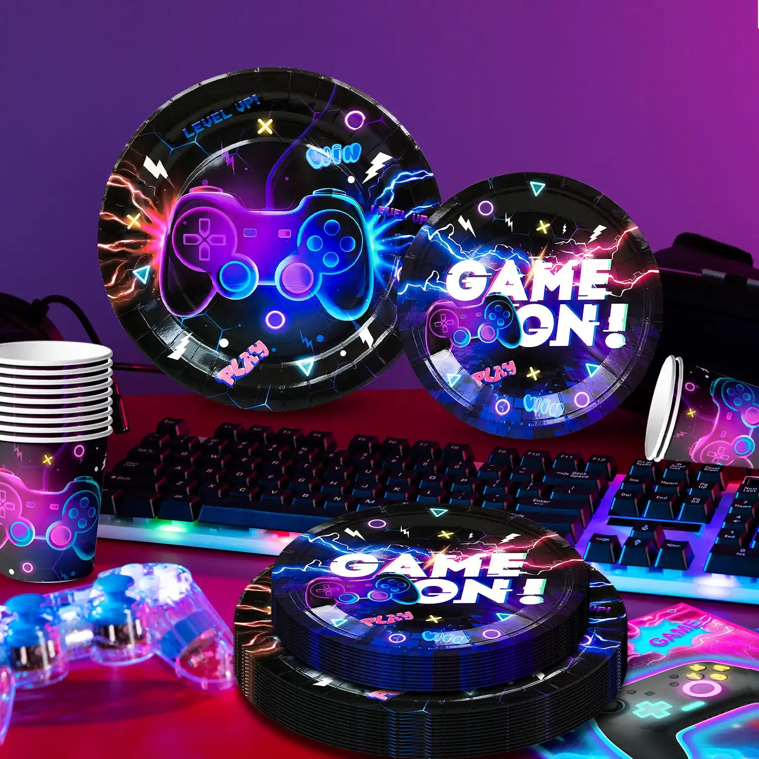 Video Game Birthday Decorations Tableware,65Pcs Game On Birthday Party Tableware Set-Video Game Birthday Plates Napkins Cups Tablecloth etc Glowing Game Party Tableware for Video Game Party Supplies