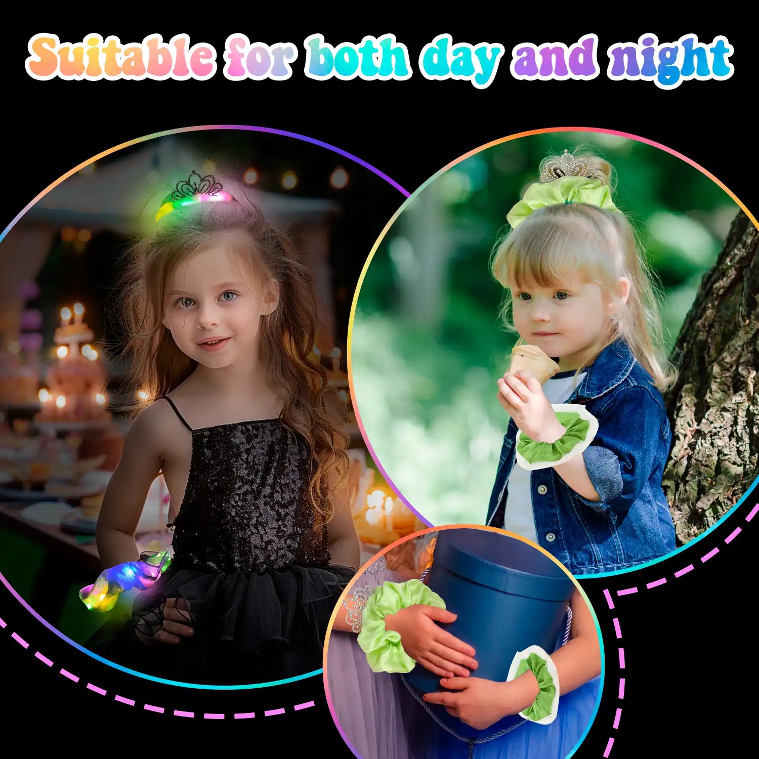 Light Up Scrunchies with Crown, 2 Pcs Glow Scrunchies Set - Glow in The Dark Scrunchies, Led Light Up Hair Scrunchies & Glow in The Dark Hair Ties, for Girls/Women Led Light Up Hair Accessories(Green)