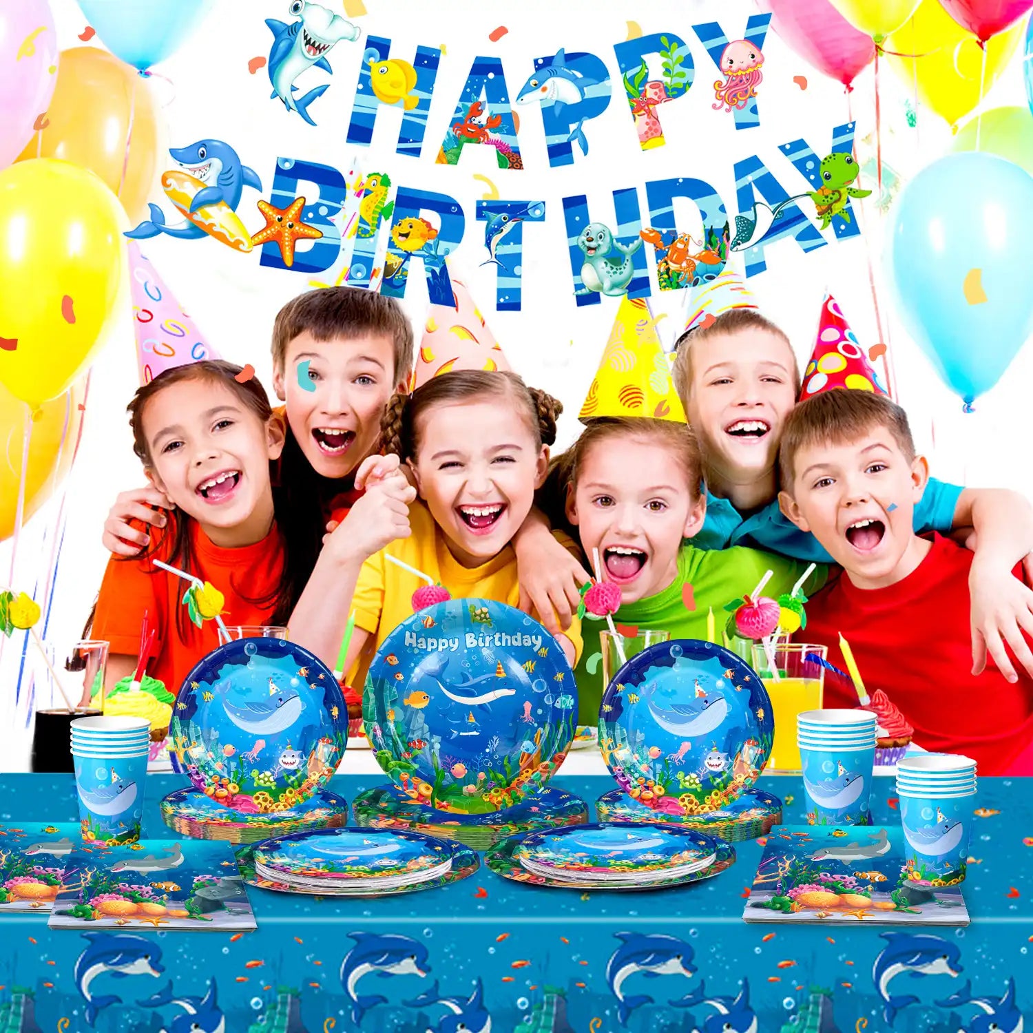 Under The Sea Party Supplies-24Guests Ocean Sea Party TabAlewear Set-Ocean Themed Party Decorations Plates Cups Napkins Tablecloth Banner etc Ocean Animal Party Tableware