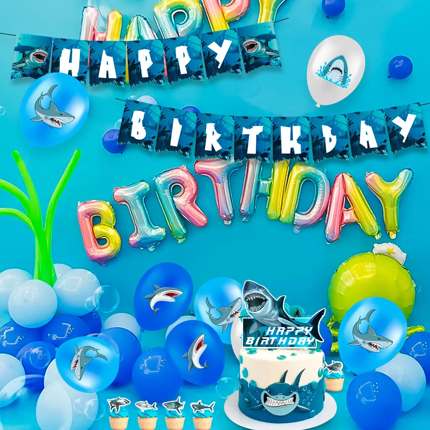 Shark Party Supplies, 10 Guests Shark Birthday Party Decorations & Shark Party Tableware Set - Shark Plates and Napkins Tablecloths & Shark Balloons Banner Shark Cake Toppers etc Shark Party Decorations