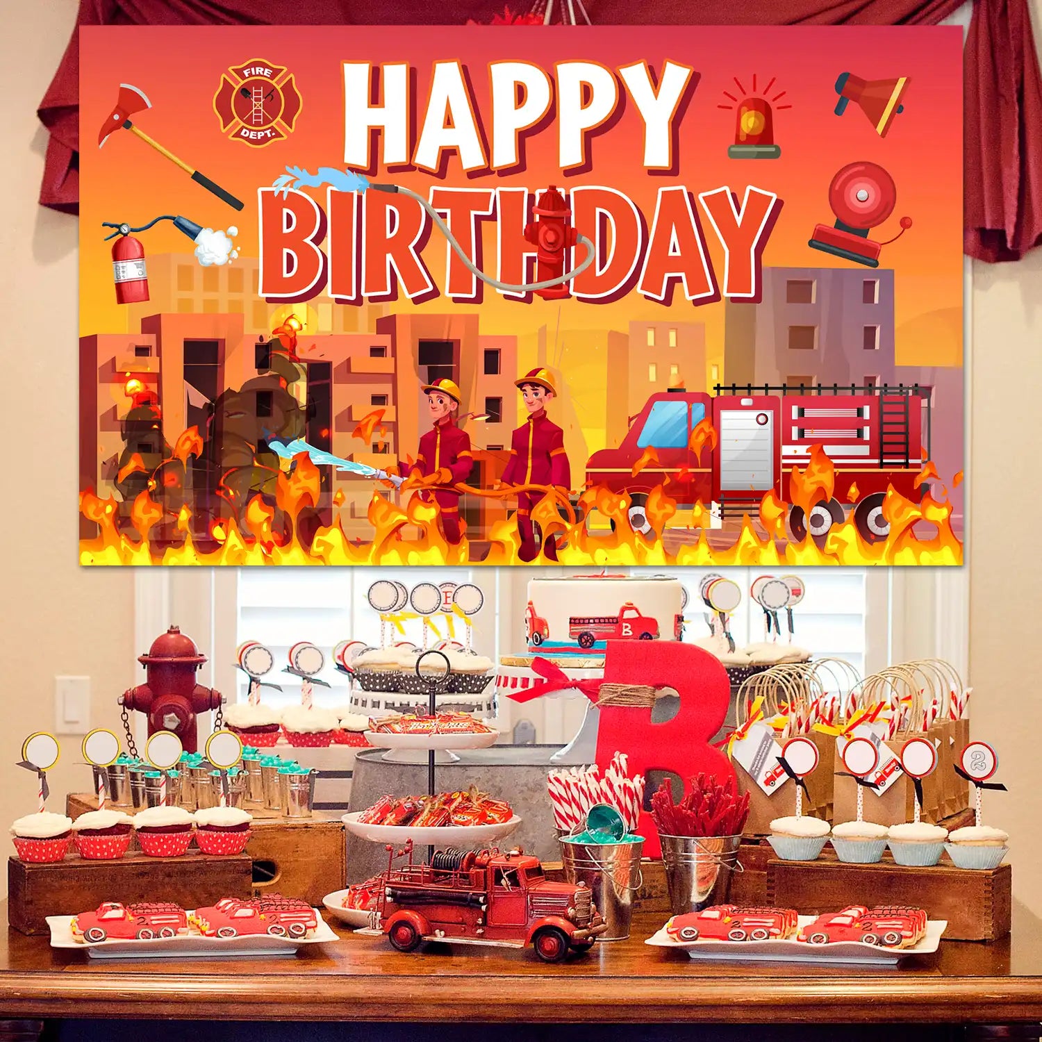 Fire Truck Birthday Backdrop, 70.8''x43.3'' Fireman Birthday Party Backdrops, Firetruck Themed Birthday Background & Firetruck Happy Birthday Backdrop for Firetruck Birthday Decorations Supplies