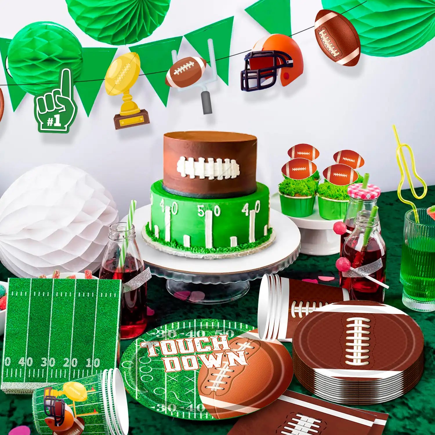 Football Party Supplies Tableware, 24Guests Football Party Tableware Set - Football Plates and Napkins Cup Tablecloth & Swirls etc Football Party Decorations for Football Birthday Party,Tailgate Party
