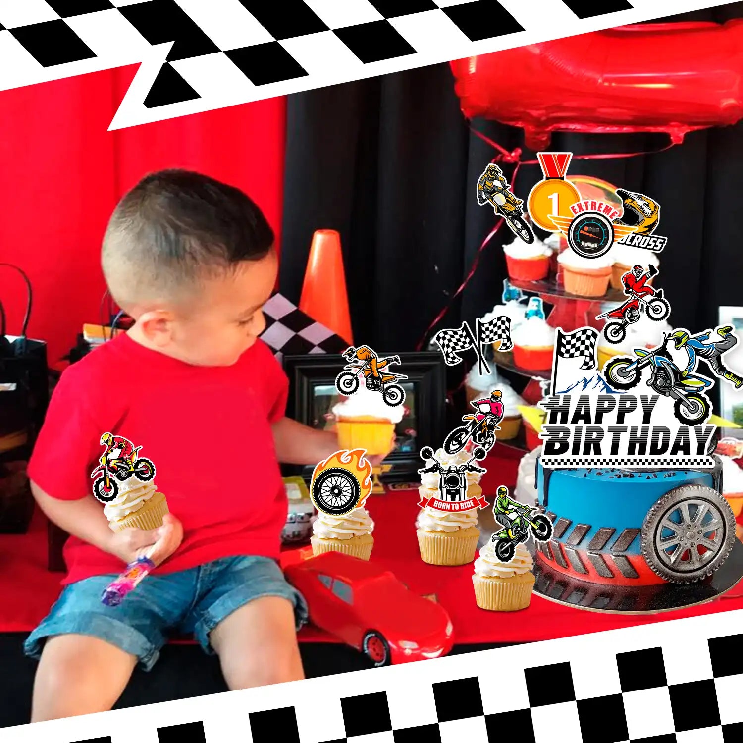 Motorcycle Cake Topper, 24 Pcs Motorcycle Cupcake Toppers/Dirtbike Cupcake Toppers + 1 Pcs Dirt Bike Cake Topper/Motorcycle Birthday Cake Decorations, for Dirt Bike Birthday Party Decorations Supplies