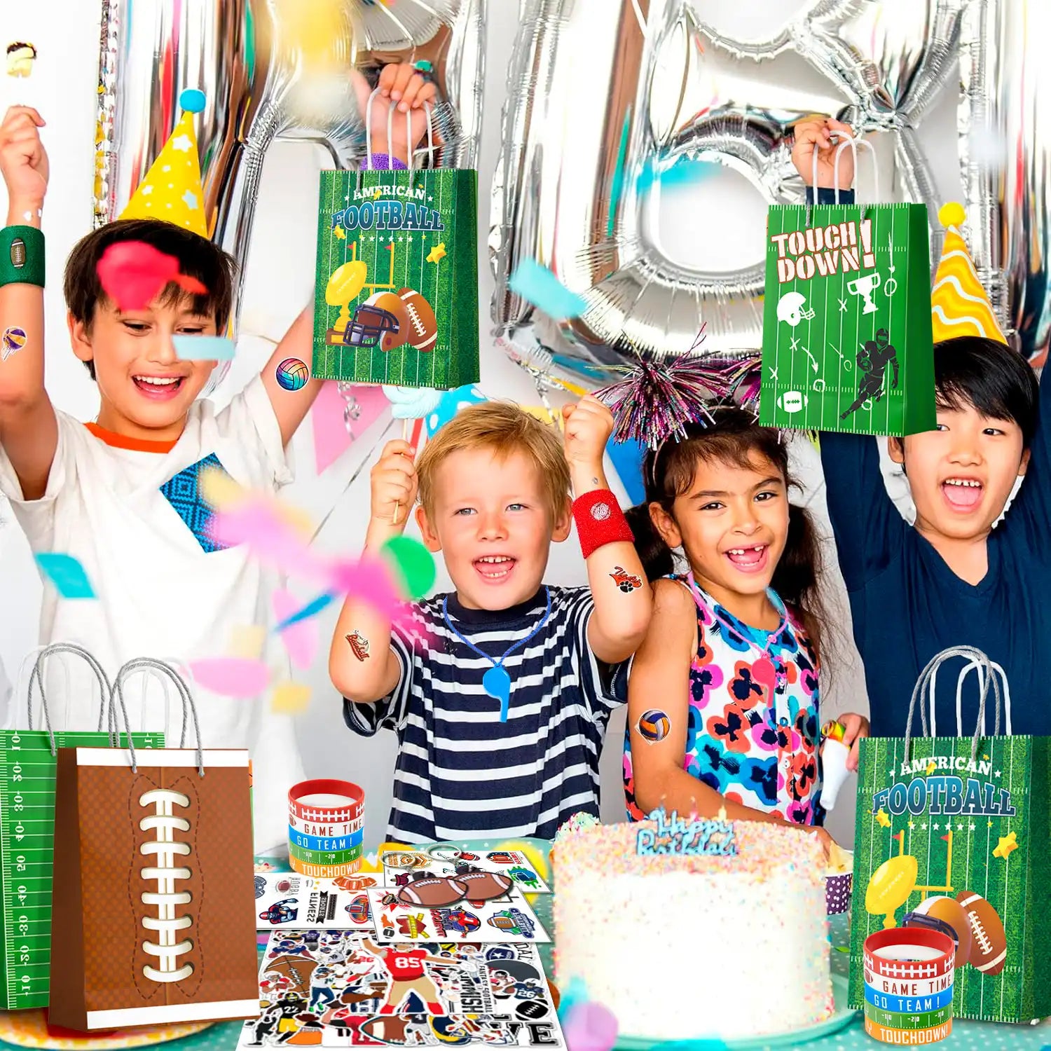 Football Party Favors for Kids,122pcs All-In-One Football Themed Party Favors Set - Football Party Bags, Football Keychains Bracelets Stickers Whistle etc Rugby Party Favors for Football Party Decor