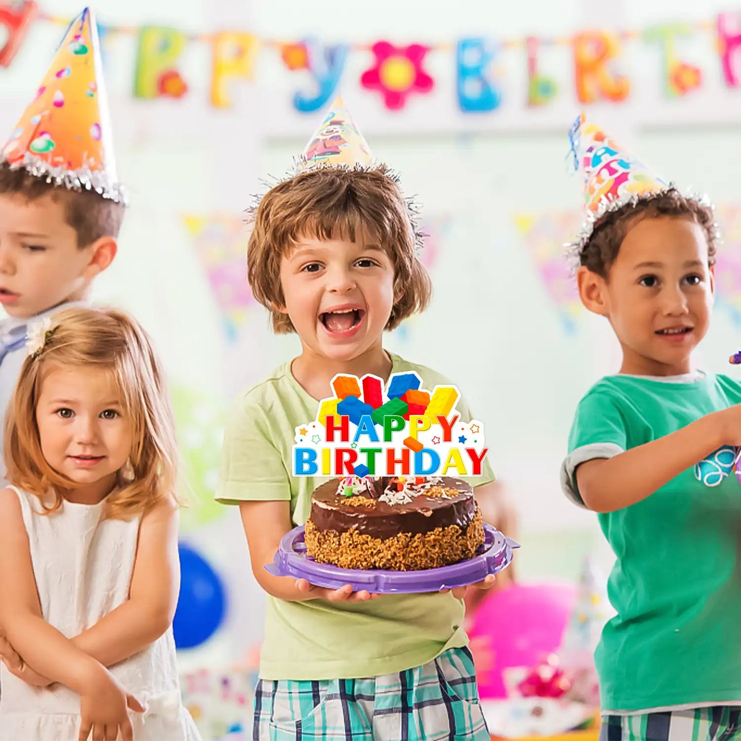 Building Blocks Cake Topper, 24 Pcs Building Block Birthday Party Cupcake Toppers + 1 Pcs Building Block Birthday Cake Topper/Building Blocks Cake Decorations for Building Block Theme Party Decoration