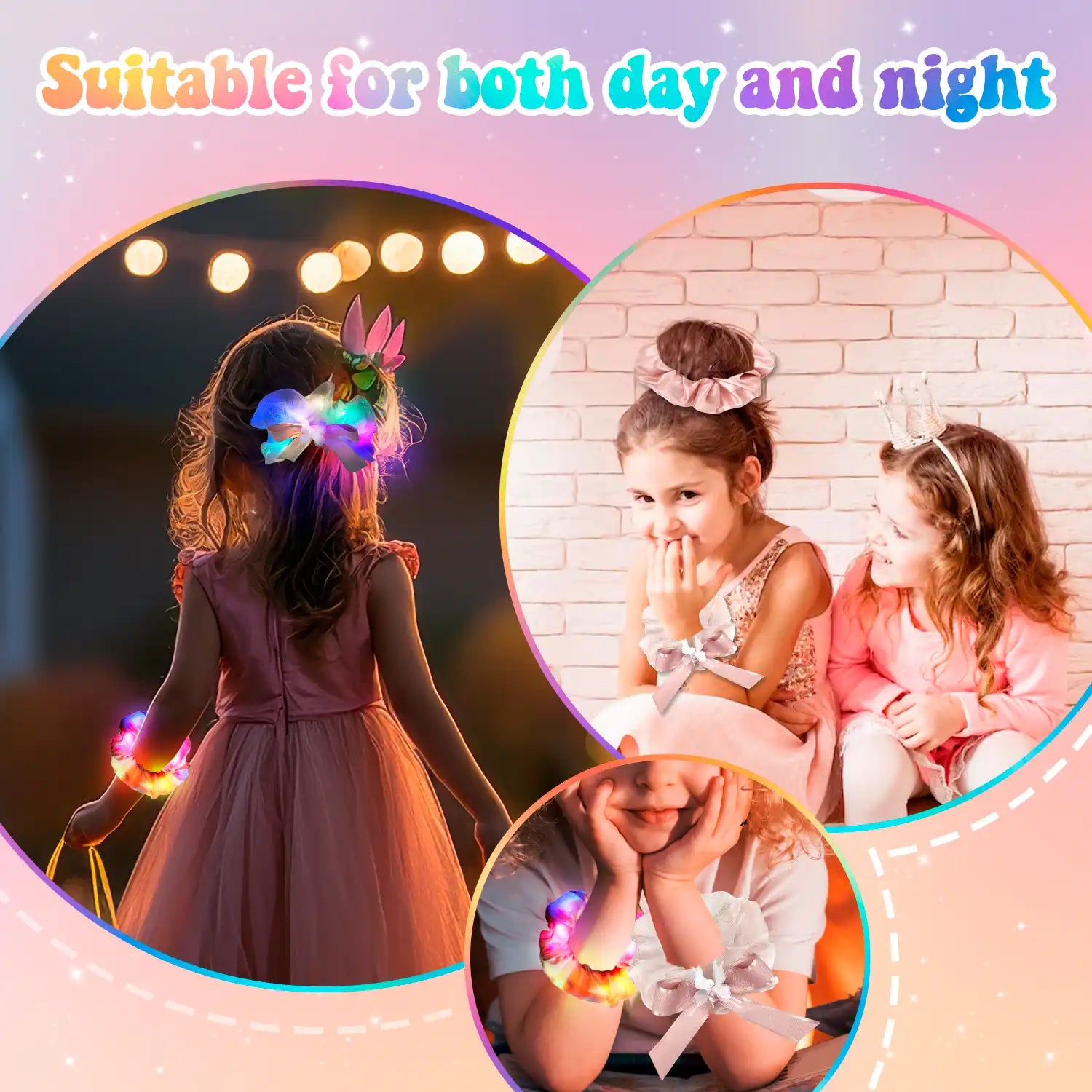 Light Up Scrunchies for Girls, 2 Pcs Glow Scrunchies Set - Glow in The Dark Scrunchies, Led Light Up Hair Scrunchies & Glow in The Dark Hair Ties, for Light Up Hair Accessories & Party Favors (Pink)