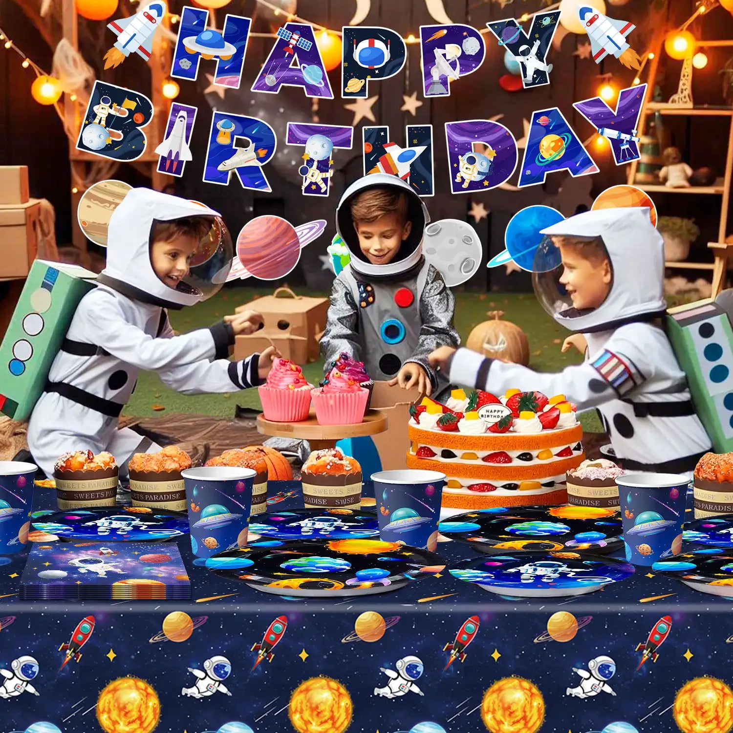 Space Theme Tableware, 24Guests Outer Space Birthday Party Supplies - Space Party Plates Napkins Tablecloth Banner Garland etc Outer Space Tableware for Space Birthday Decorations & Space Party Decorations